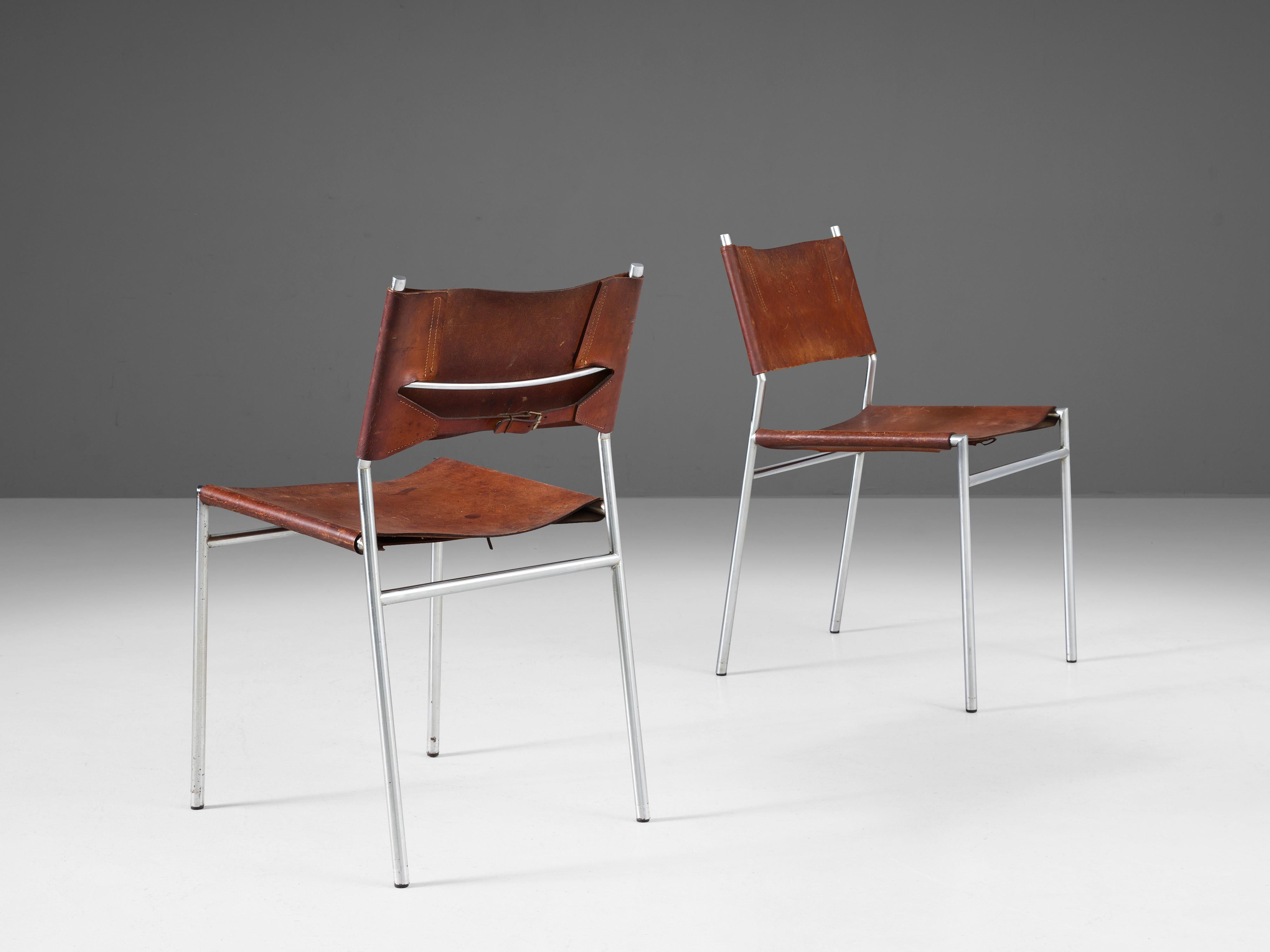 Mid-20th Century Martin Visser for 't Spectrum Pair of Dining Chairs in Cognac Leather