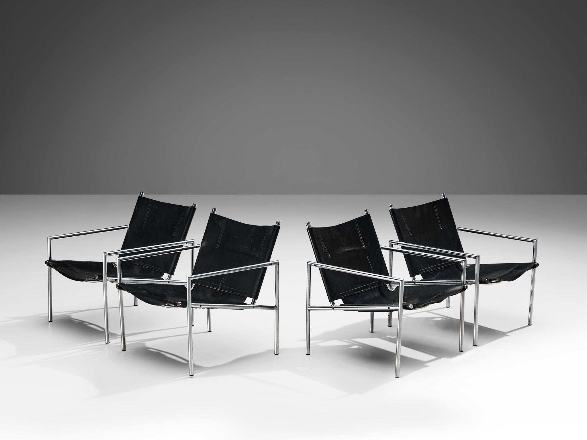 Martin Visser for 't Spectrum, set of four lounge chairs, model 'SZ 02', leather, brushed steel, The Netherlands, 1965

These modern, Minimalist easy chairs are made of a tubular brushed steel in combination with black leather upholstery. The open