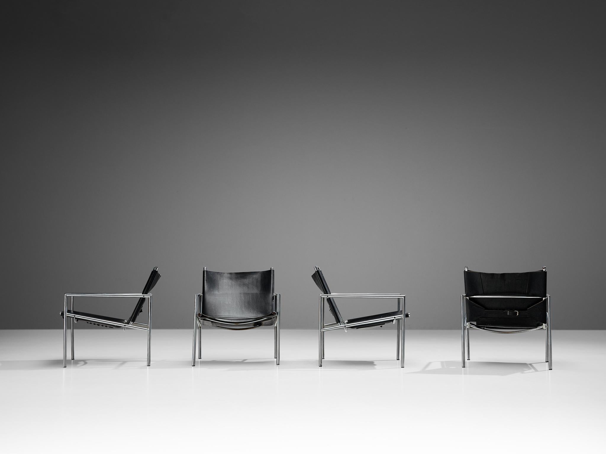 Dutch Martin Visser for 'T Spectrum Set of Four Armchairs in Black Leather