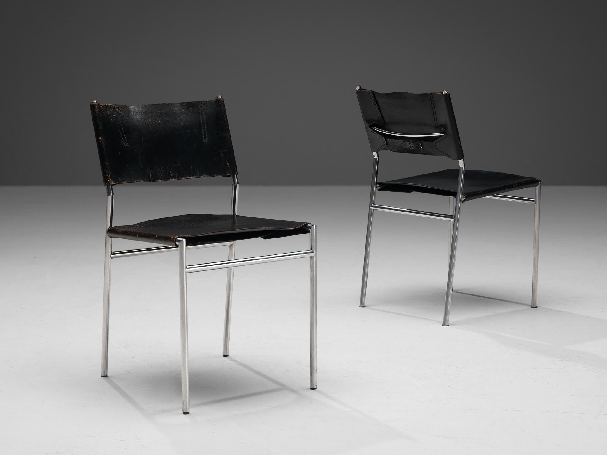 Steel Martin Visser for 'T Spectrum Set of Four Dining Chairs in Black Leather