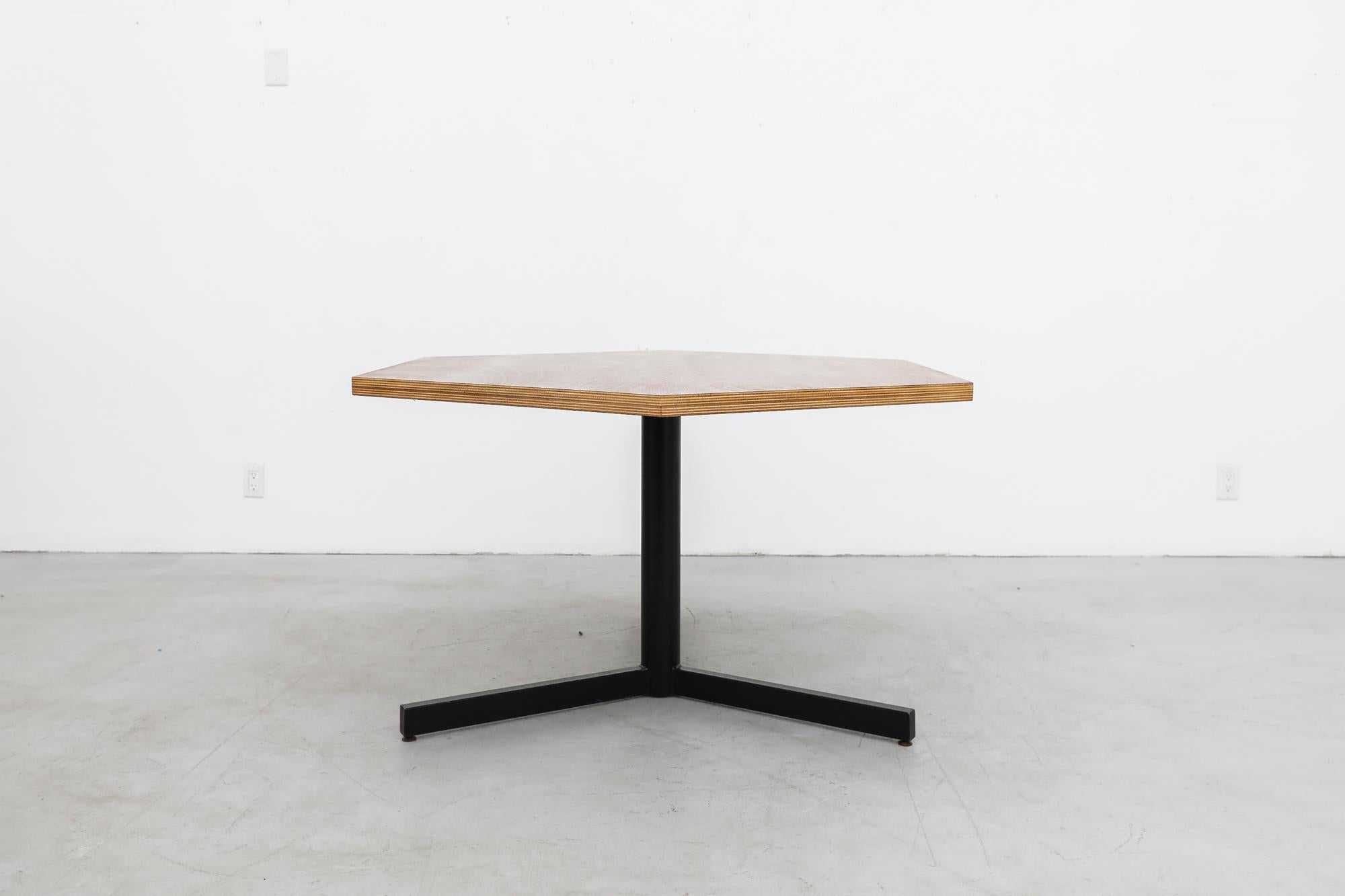 Mid-Century Modern Martin Visser Inspired Hexagon Pedestal Table with Walnut Top and Black Base For Sale