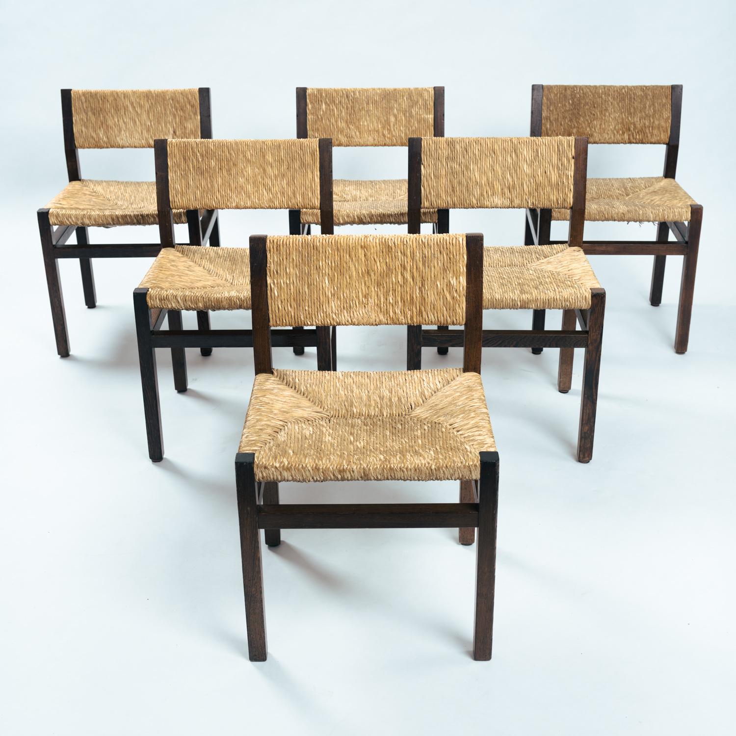 Dutch Martin Visser japanese rush seat & back wengé chairs, Spectrum, 1960's.