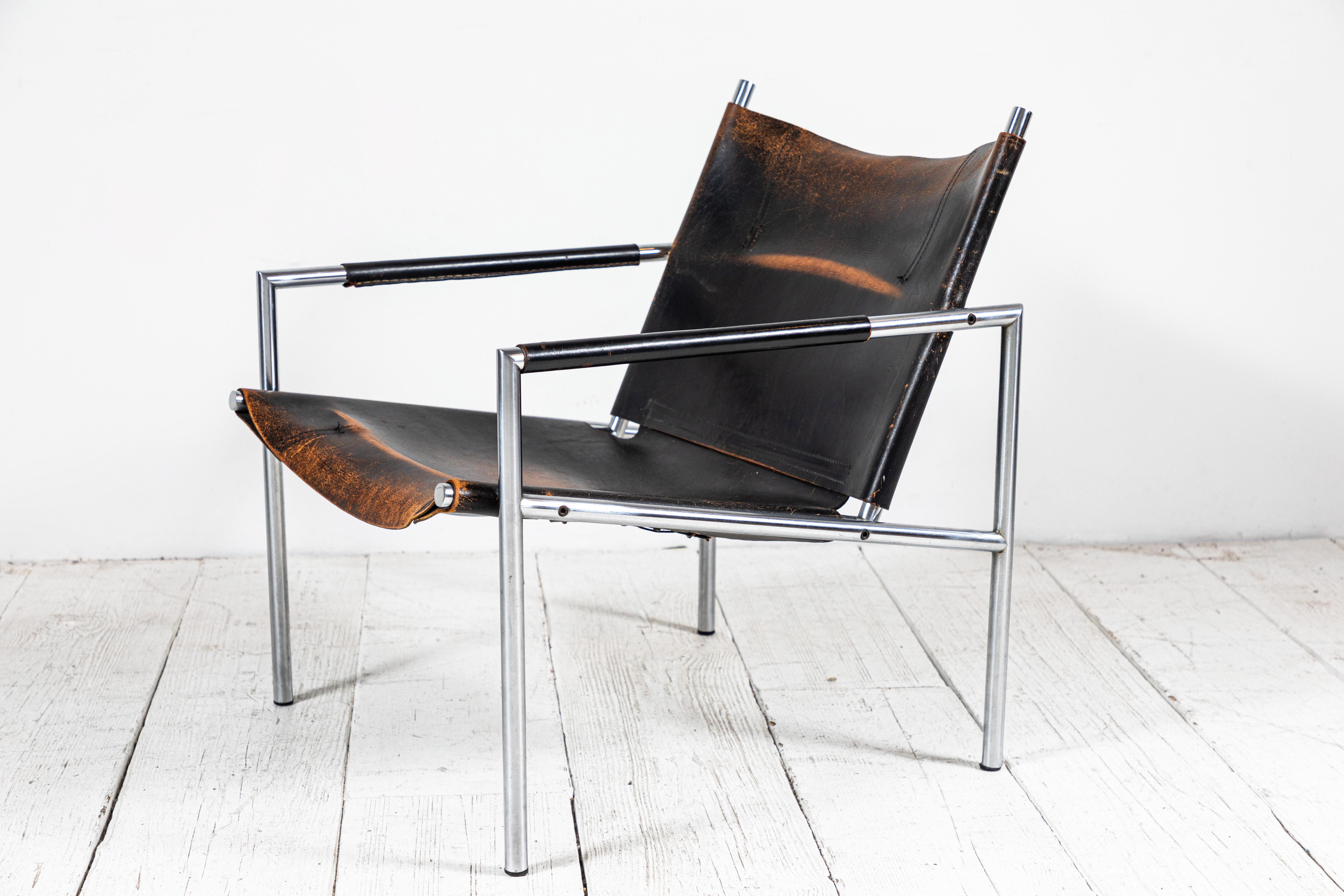 Mid-20th Century Martin Visser Leather and Chrome Easy Chair