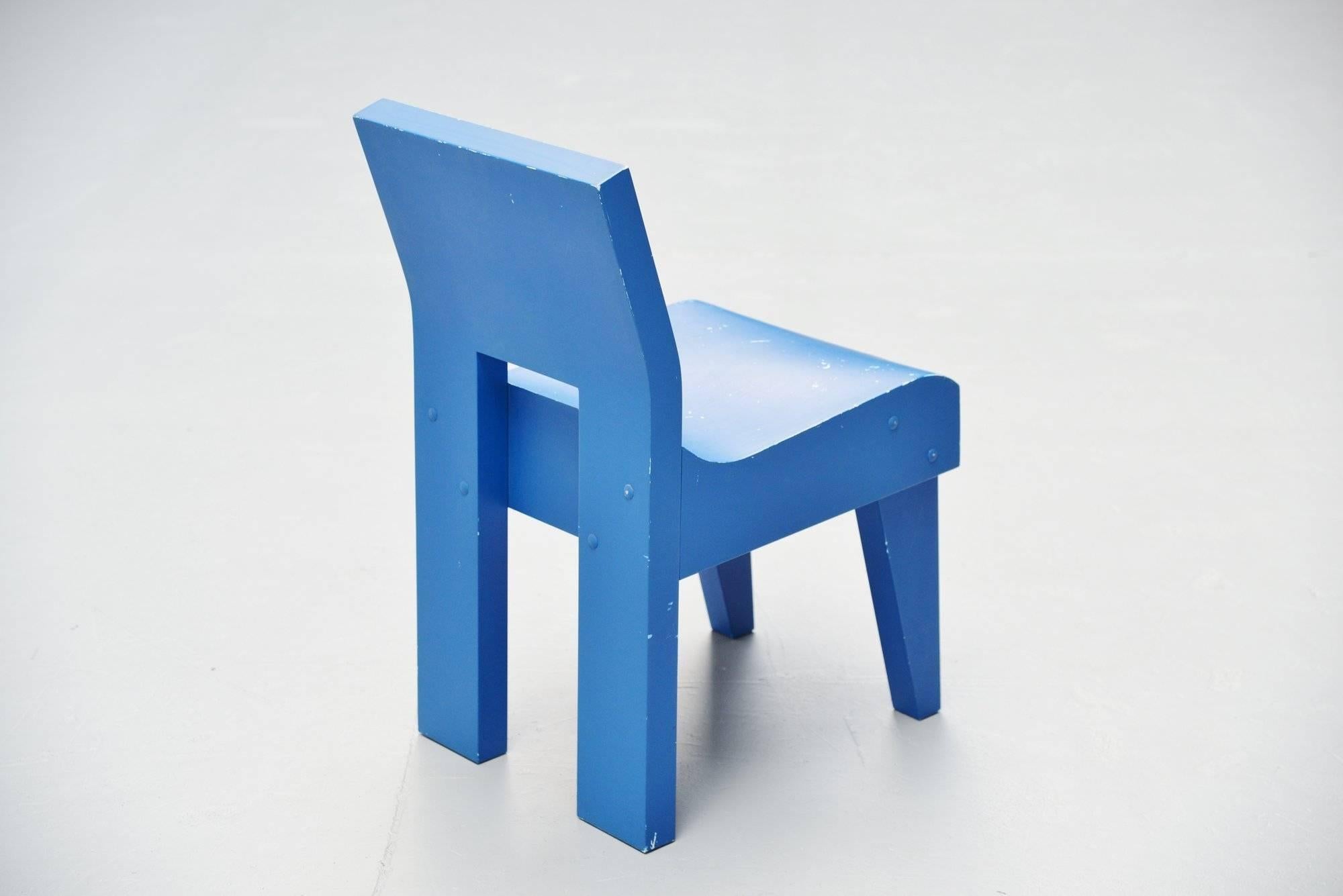 Rare prototype side chair designed by Martin Visser and manufactured by ’t Spectrum Bergeyk 1988. This chair is the pre production of model number SE20 and was eventually made in several color combinations. This is a fully hand-painted blue example