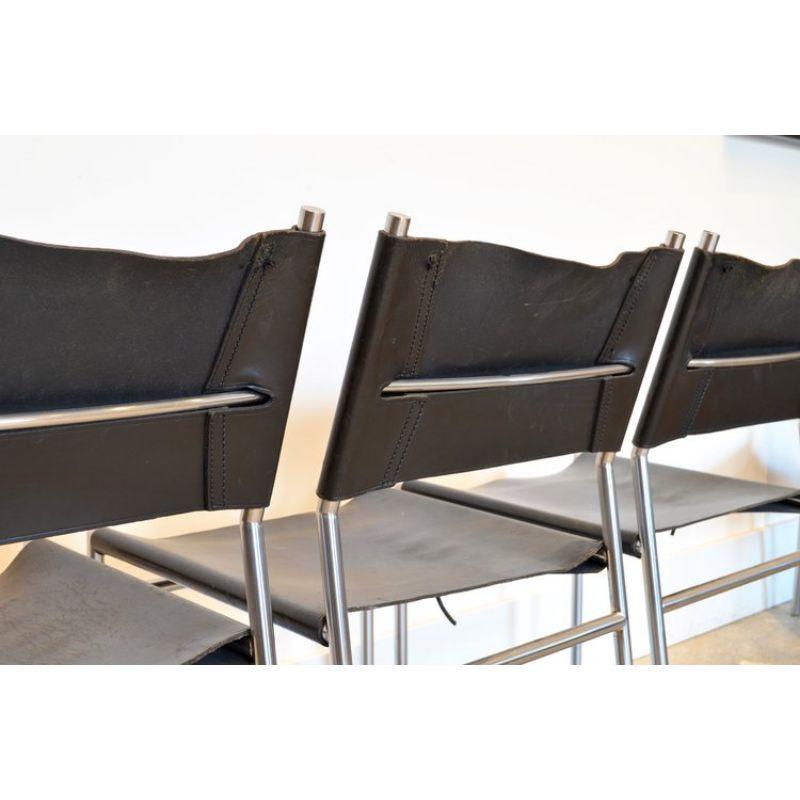 Patinated Martin Visser SE06 Dining Chairs in Black Leather and Chrome For Sale