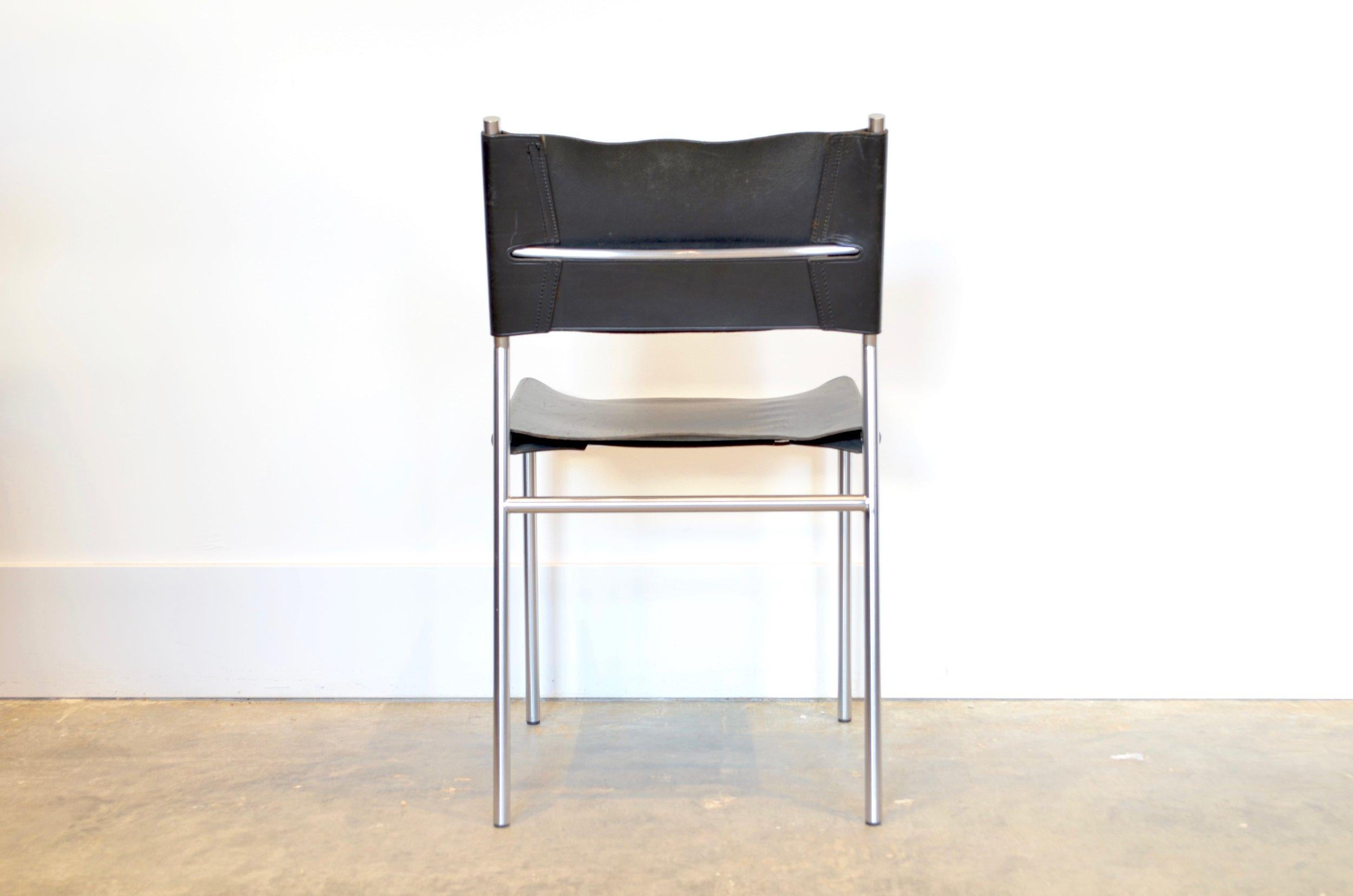 Cuir Chaises de salle à manger SE06 de Martin Visser en cuir noir et chrome en vente