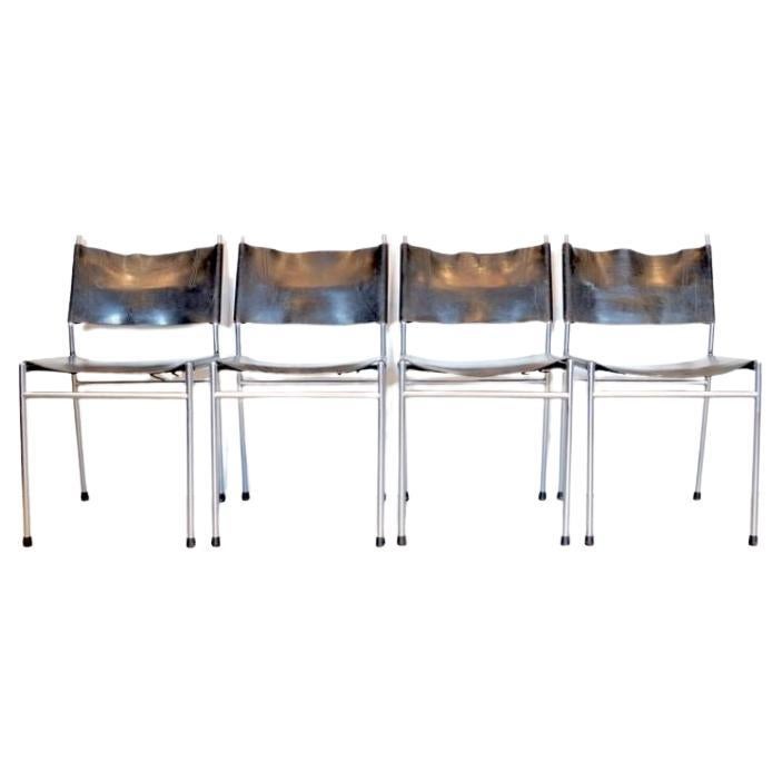 Martin Visser SE06 Dining Chairs in Black Leather and Chrome For Sale