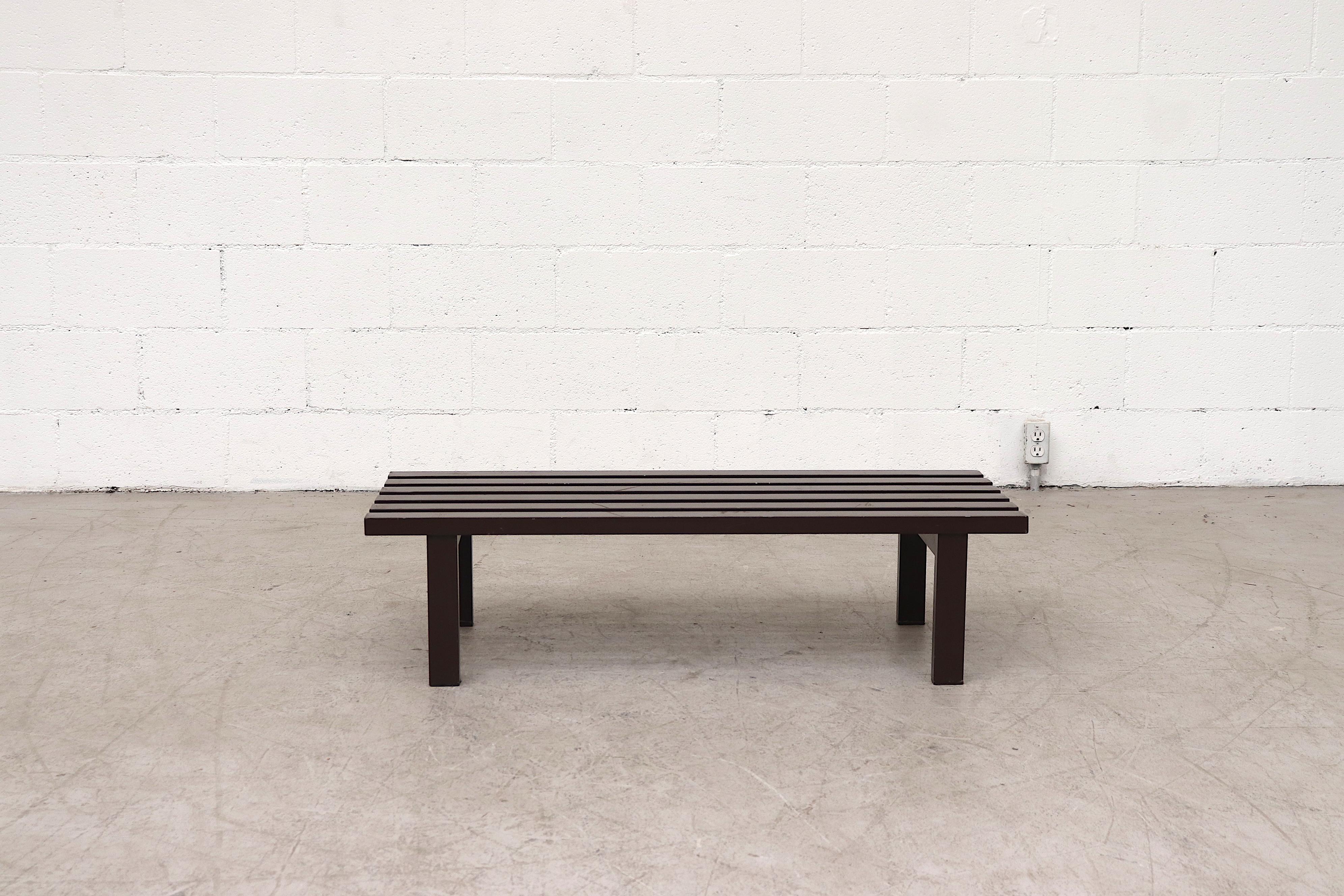 Martin Visser Style Industrial Slat Benches in Brown Enameled Metal. In Very Original Condition with Visible Enamel Wear and Scratching. Priced Individually. Similar Larger Benches in Black enameled metal (LU922418079151) Also Available.