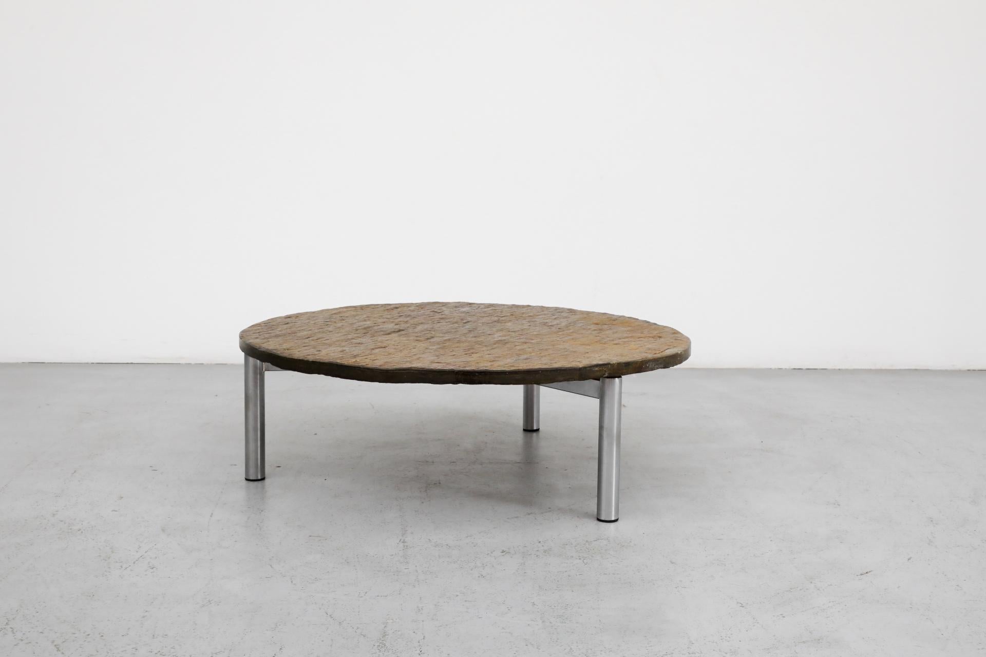 Mid-Century Modern Martin Visser Style Round Natural Stone Topped Coffee Table with Chrome Base For Sale