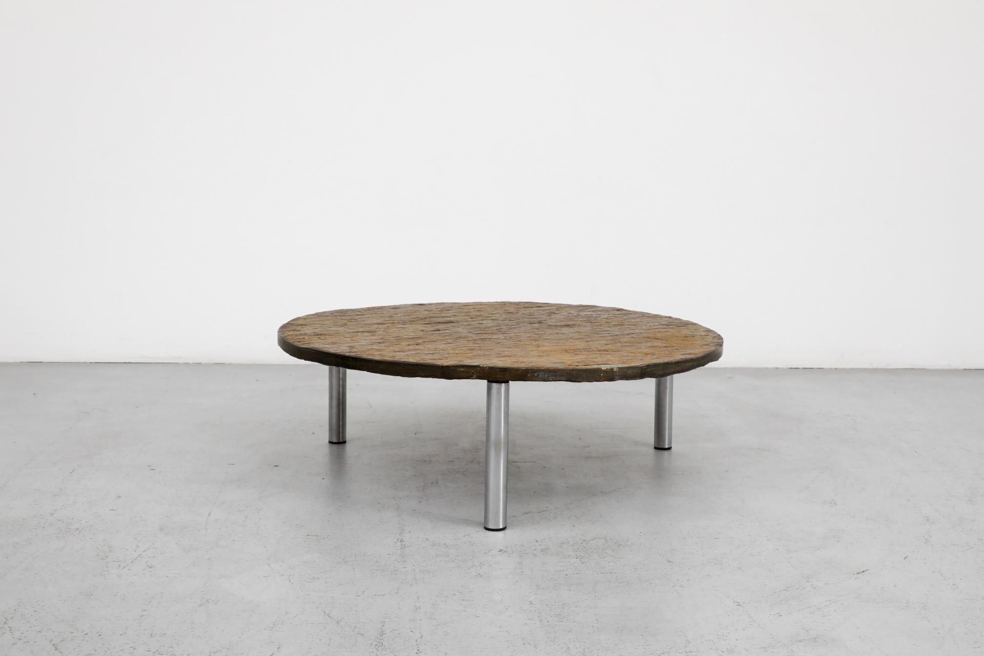 Dutch Martin Visser Style Round Natural Stone Topped Coffee Table with Chrome Base For Sale