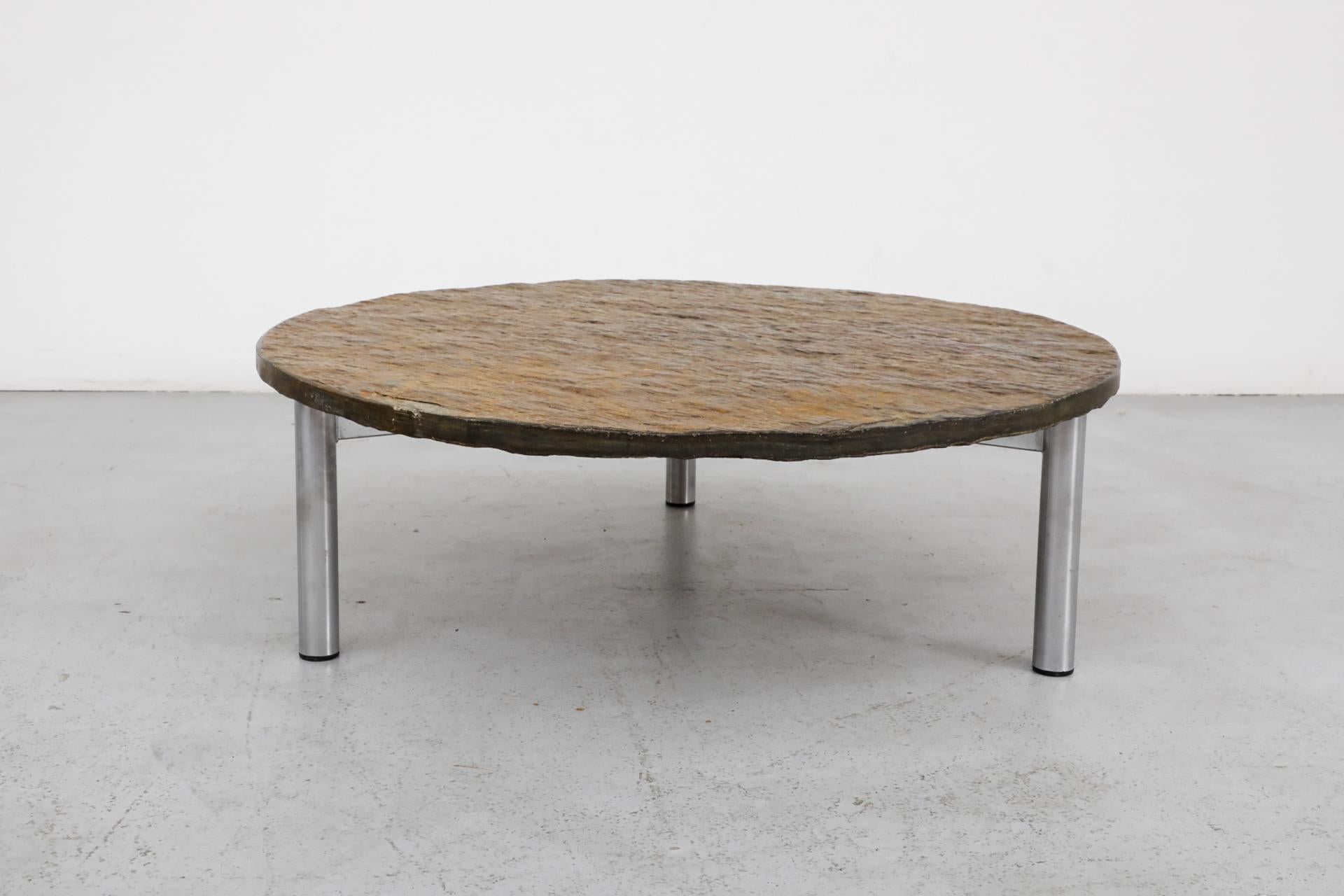 20th Century Martin Visser Style Round Natural Stone Topped Coffee Table with Chrome Base For Sale