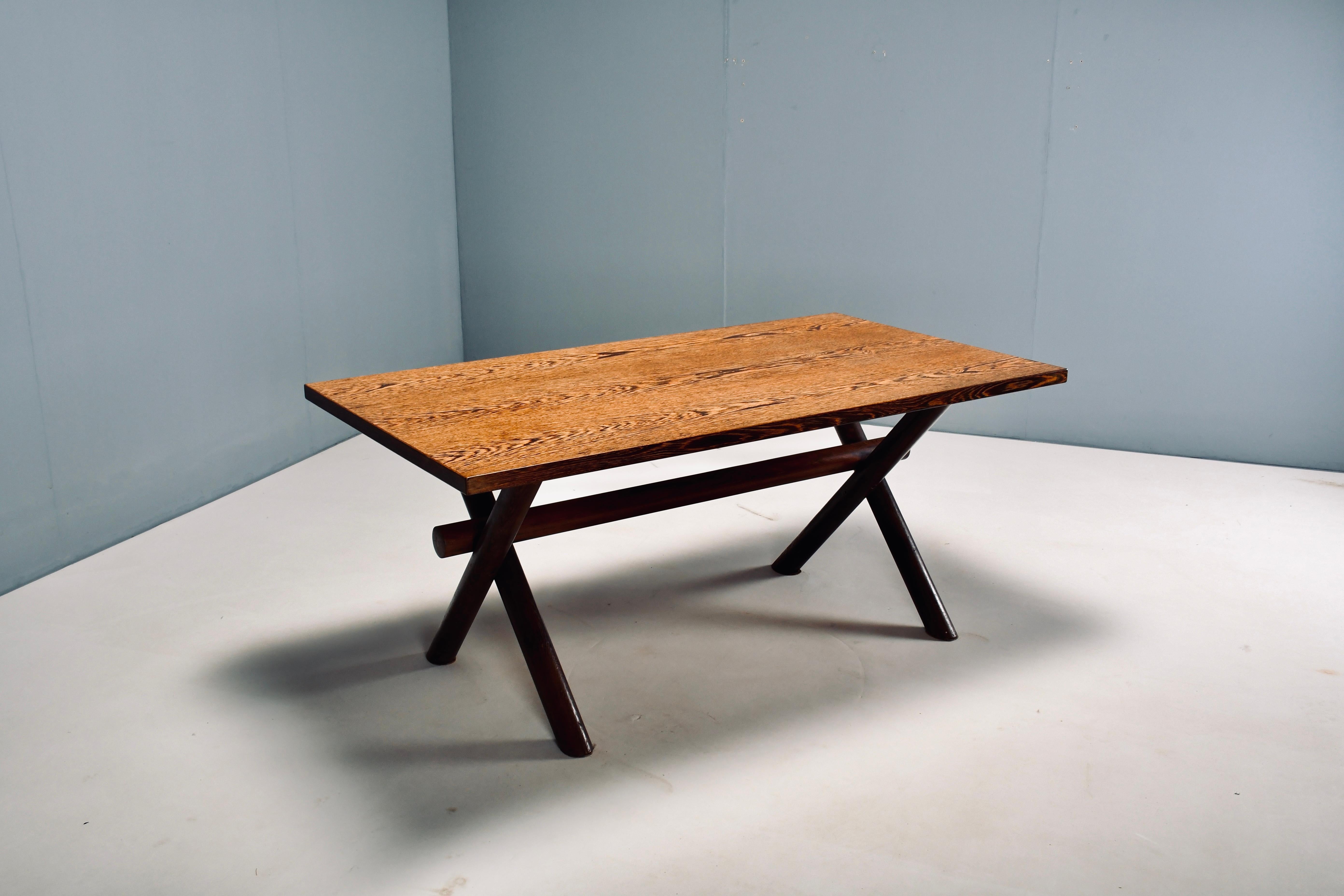 Mid-Century Modern Martin Visser wengé table with 6 rush seat & back wengé chairs, Spectrum, 60's.