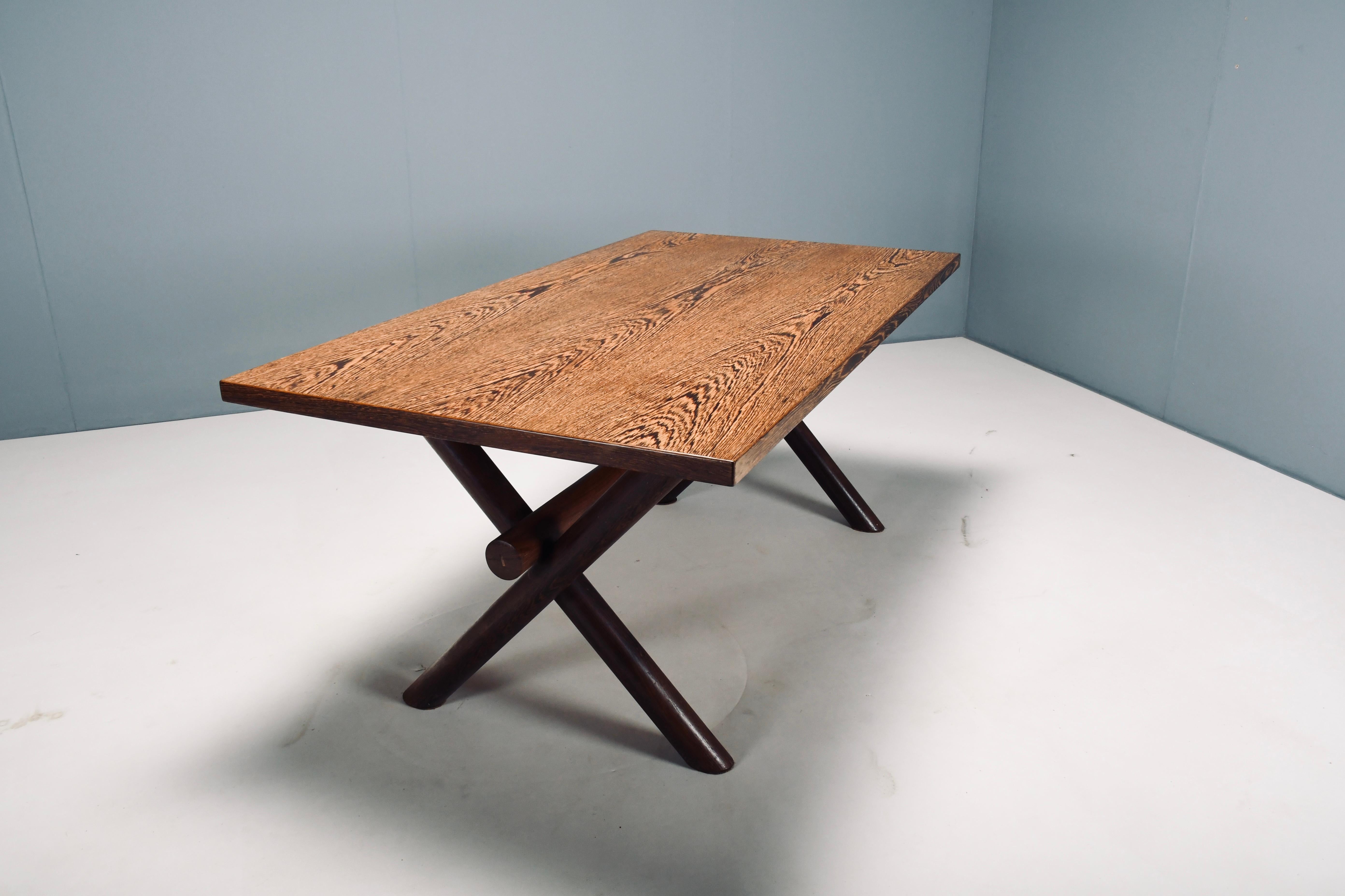 Dutch Martin Visser wengé table with 6 rush seat & back wengé chairs, Spectrum, 60's.
