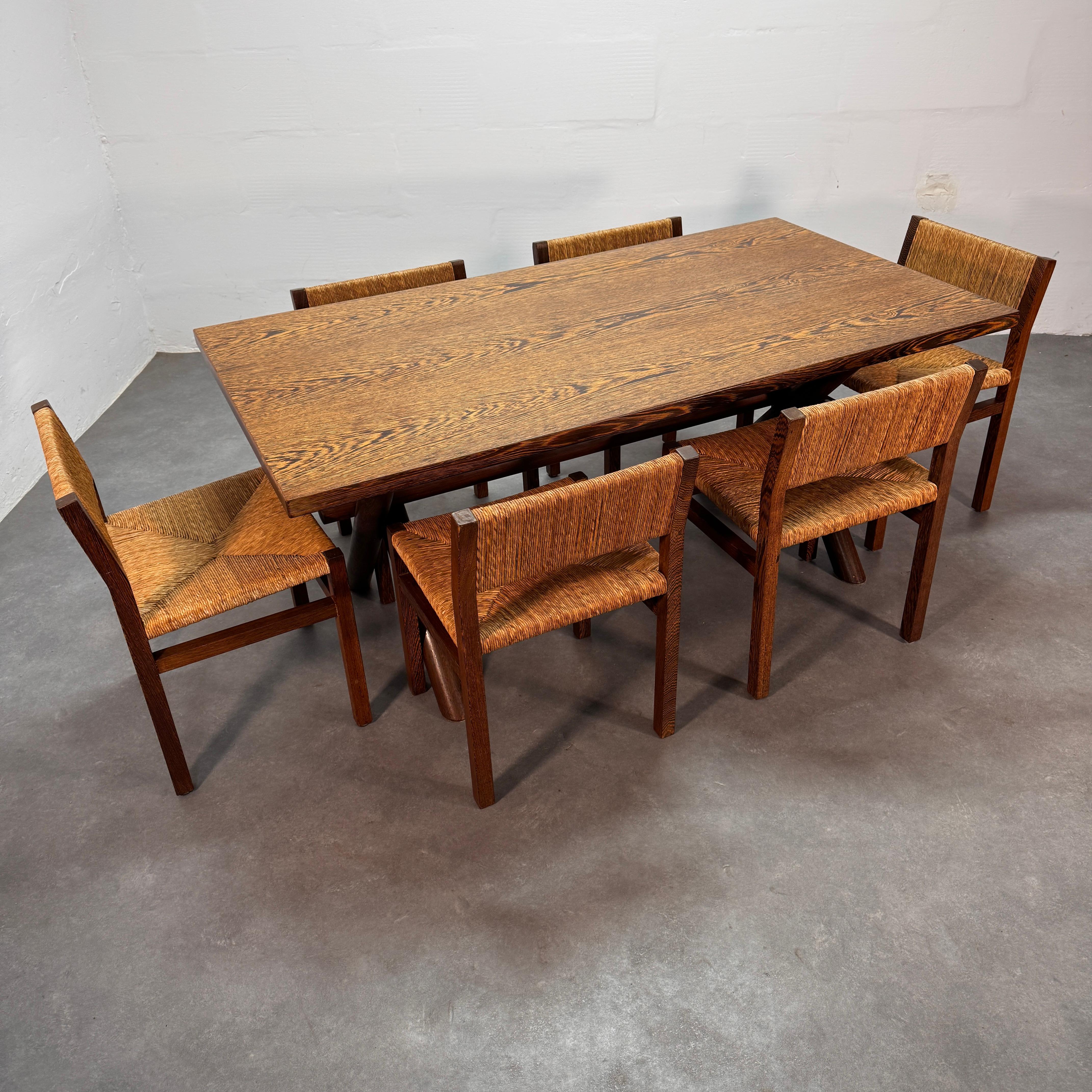 Hand-Woven Martin Visser wengé table with 6 rush seat & back wengé chairs, Spectrum, 60's.