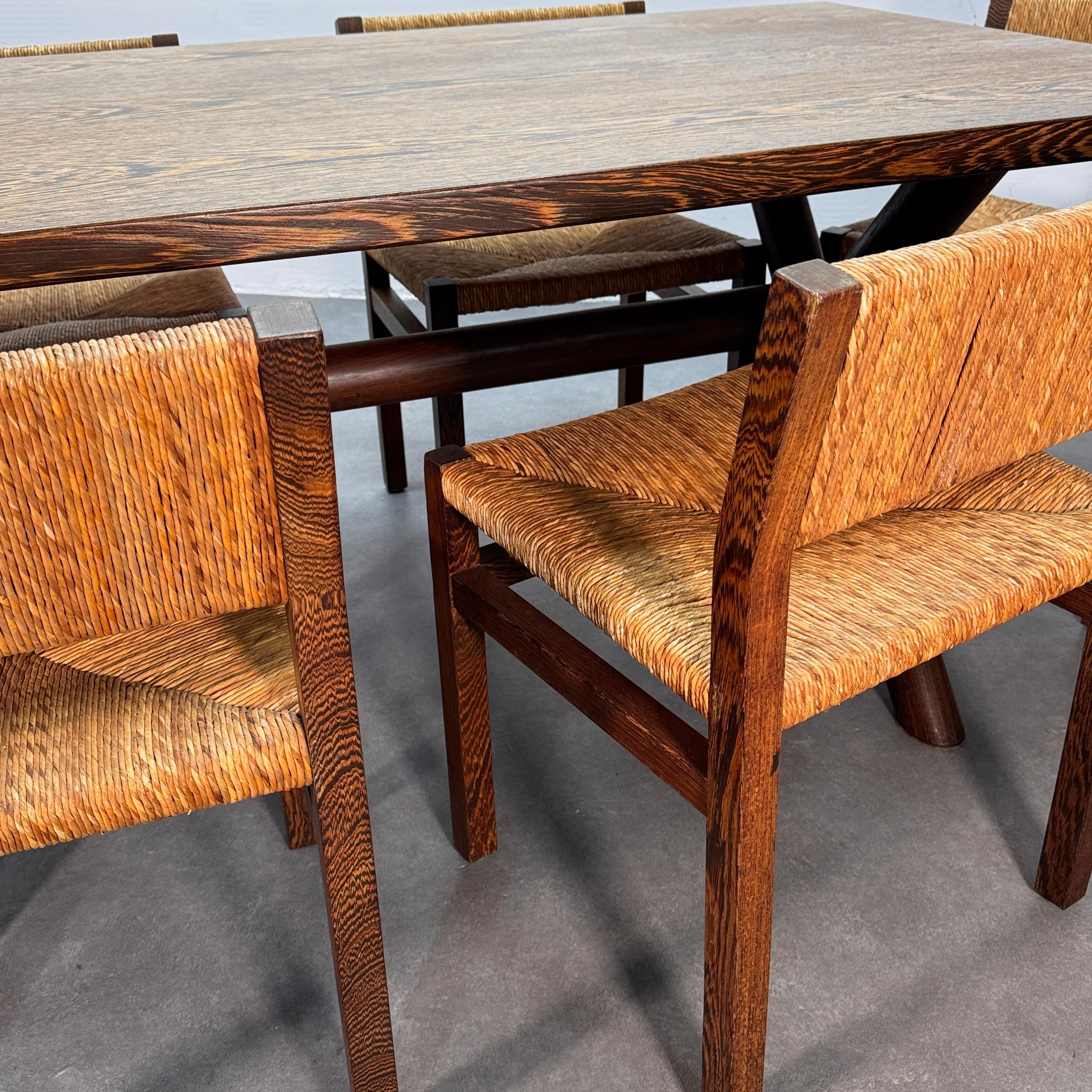Martin Visser wengé table with 6 rush seat & back wengé chairs, Spectrum, 60's. In Good Condition In CASTENRAY, NL