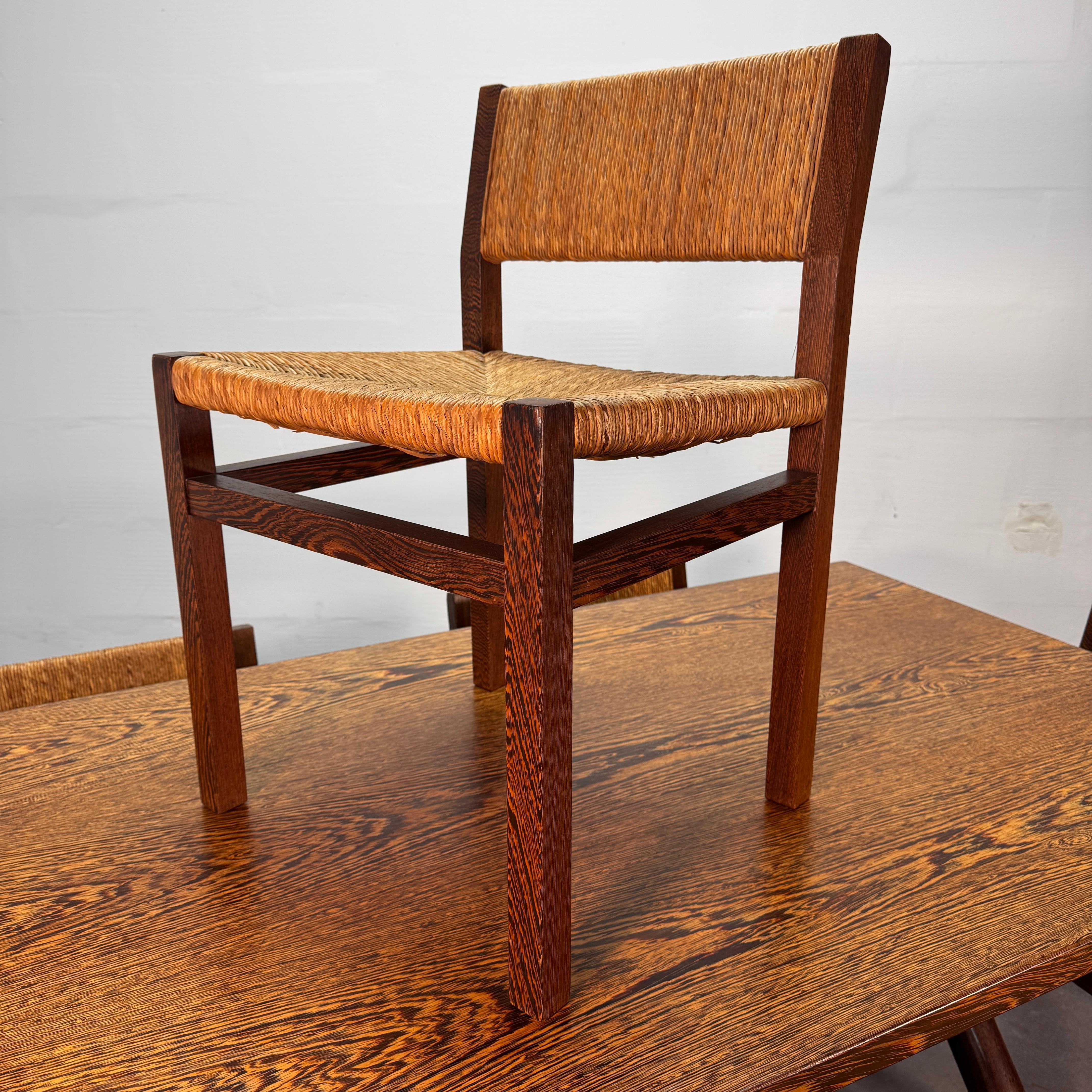 Rush Martin Visser wengé table with 6 rush seat & back wengé chairs, Spectrum, 60's.