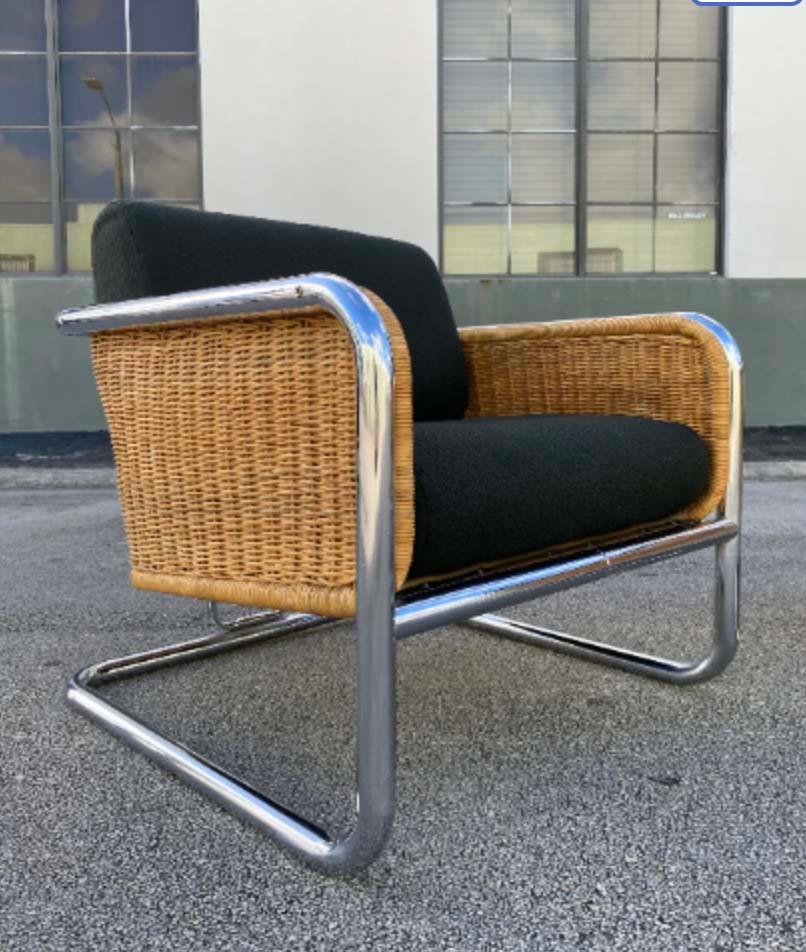 Mid-Century Modern Fauteuil de salon cantilever en osier et chrome Martin Visser en vente