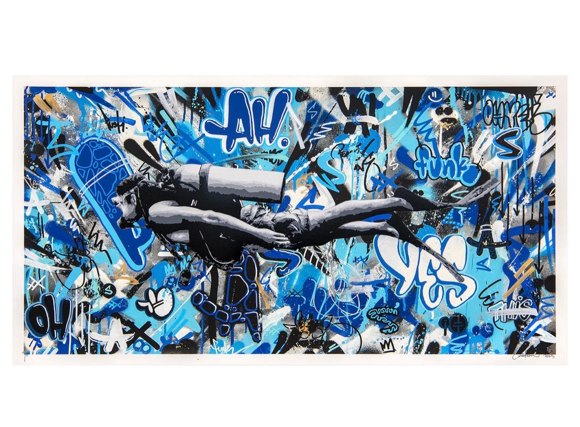 Scuba Diver (Blue) Hand Finished Print by Martin Whatson For Sale 1
