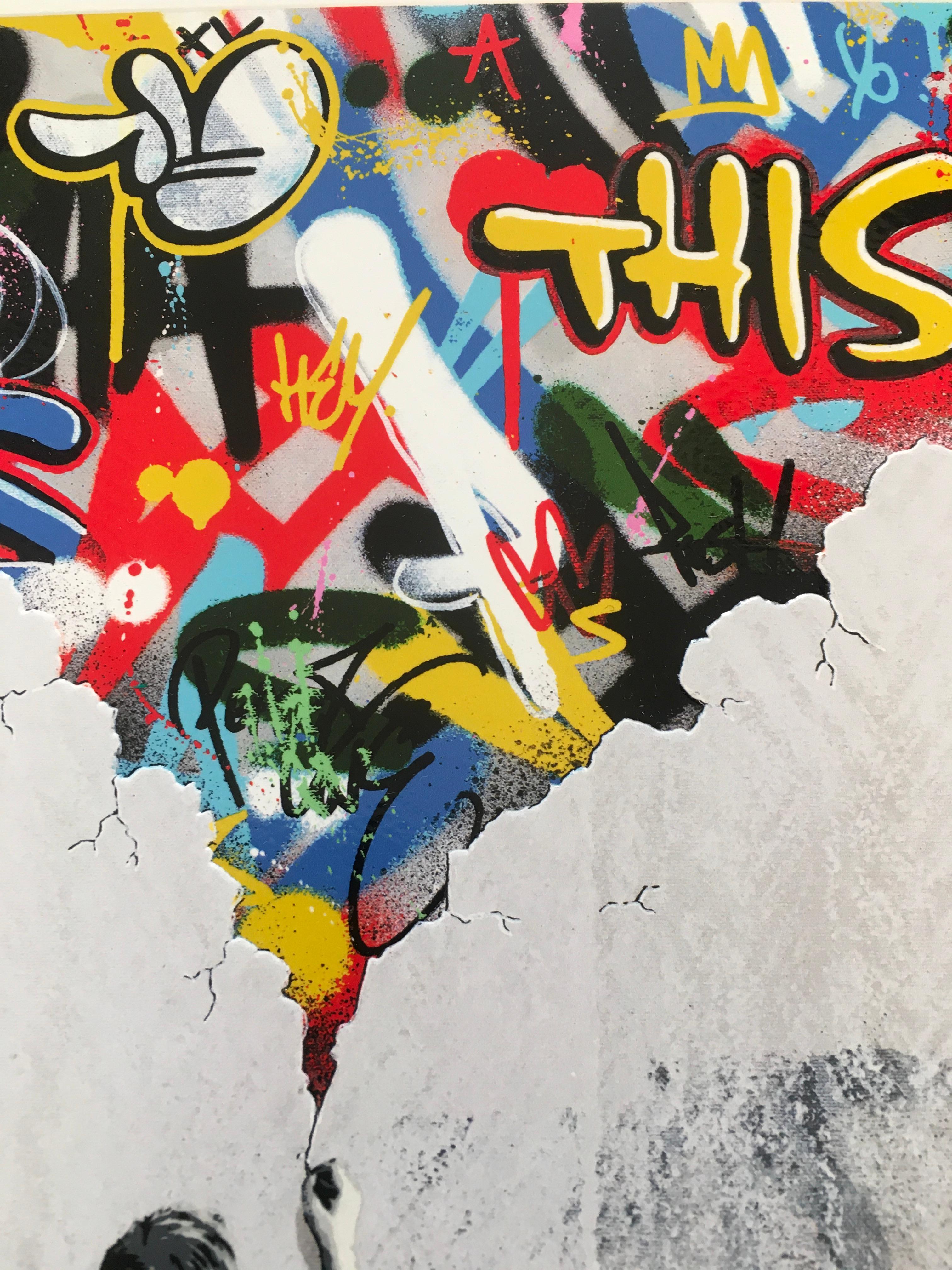„The Crack“ by Martin Whatson, 2021
Giclee Print with 7 Colour Screen Print on 300 Gsm Somerset Satin Paper. The paper is embossed around the crack for a 3D effect with the graffiti in the background.
50 x 25 cm / 19,7 x 9,8 inches (H x W)
12 hour