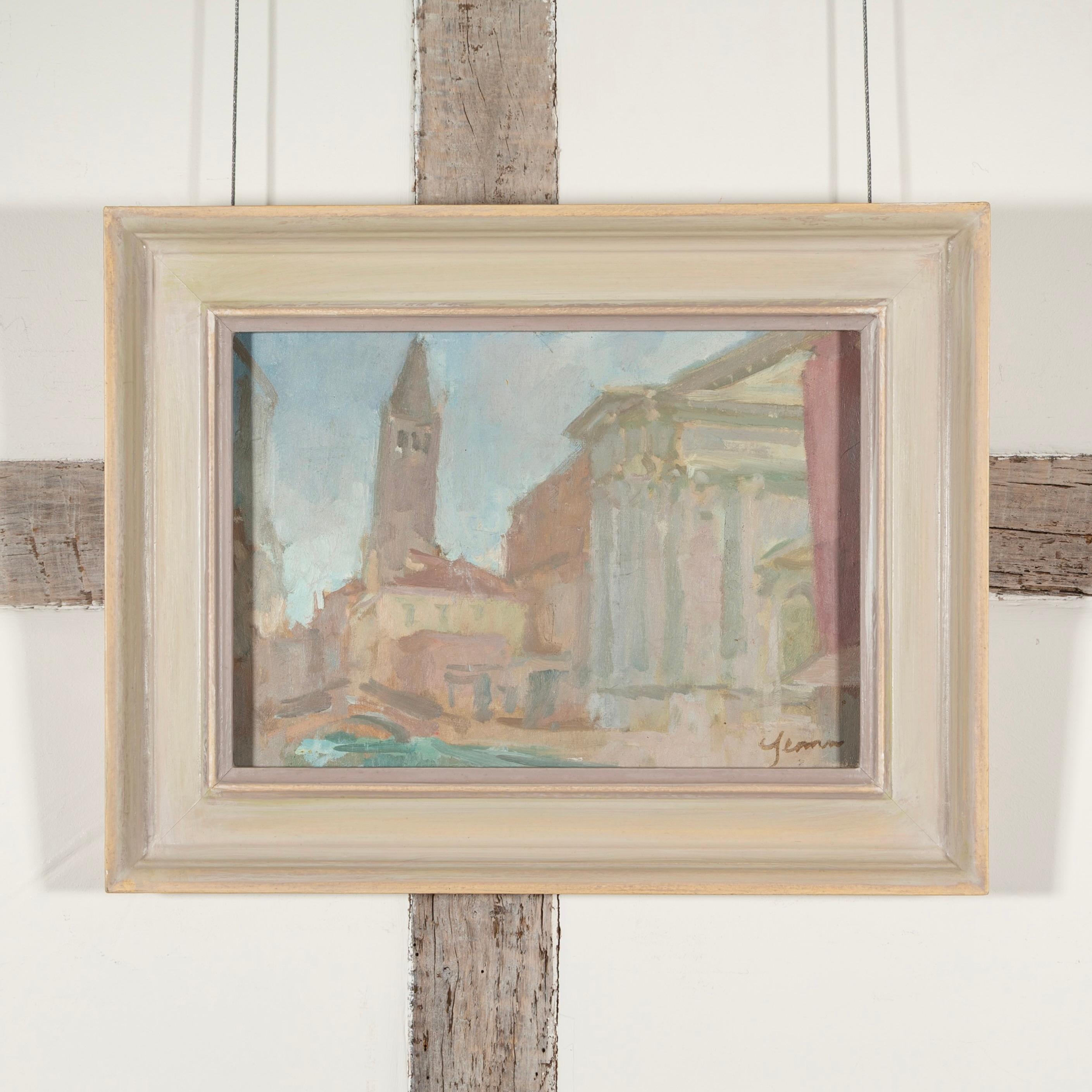 Campanile, Venice - Oil Painting of City with Bell Tower in Pink, Grey + Blue - Gray Landscape Painting by Martin Yeoman
