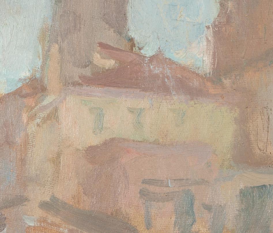 Campanile, Venice - Oil Painting of City with Bell Tower in Pink, Grey + Blue For Sale 5