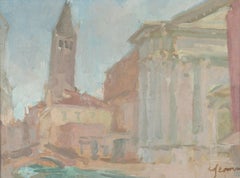 Campanile, Venise - Peinture à l'huile de la ville avec le clocher en rose, gris et bleu