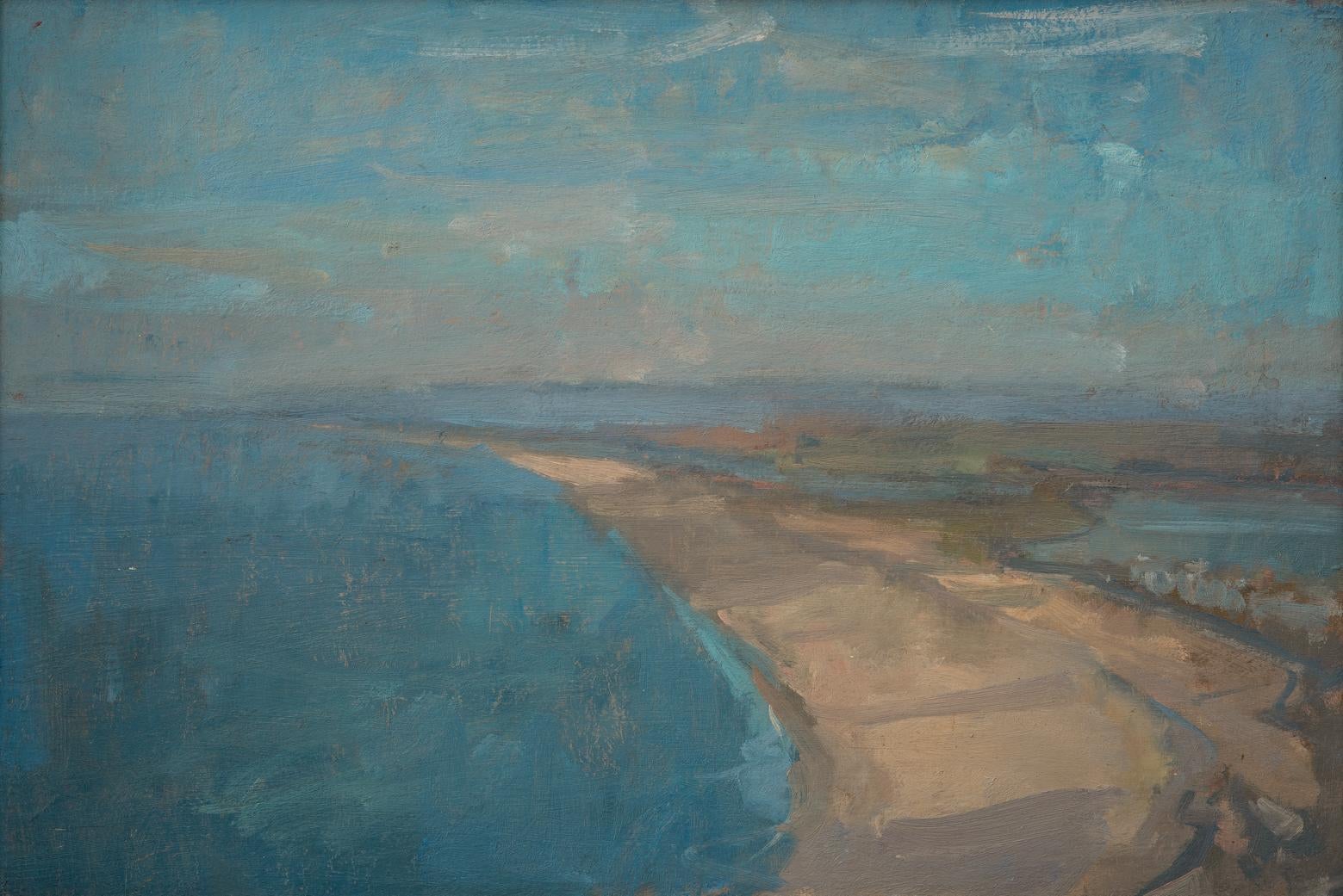 Chesil Beach - landscape oil painting with blue, seascape, contemporary art - Painting by Martin Yeoman