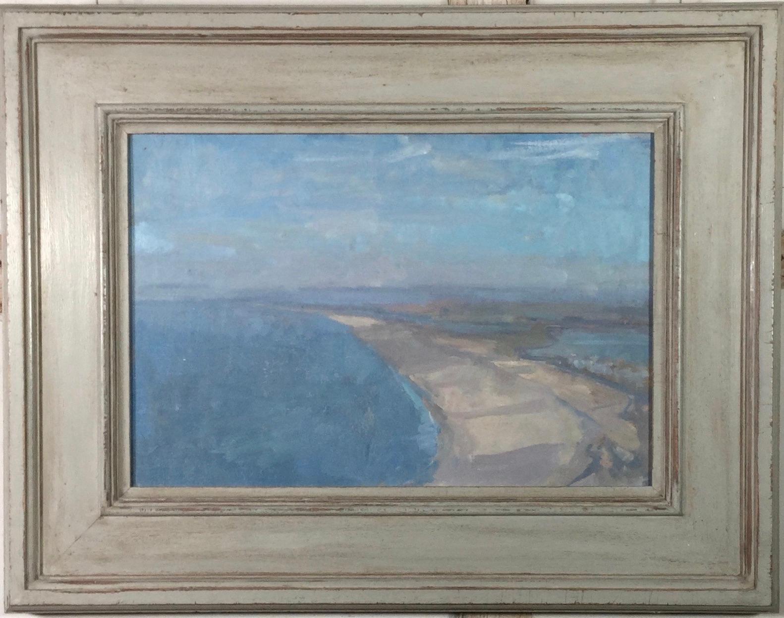 Martin Yeoman Interior Painting - Chesil Beach - landscape oil painting with blue, seascape, contemporary art