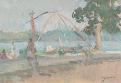 Figures au bord d'une rivière avec des bateaux de Martin Yeoman