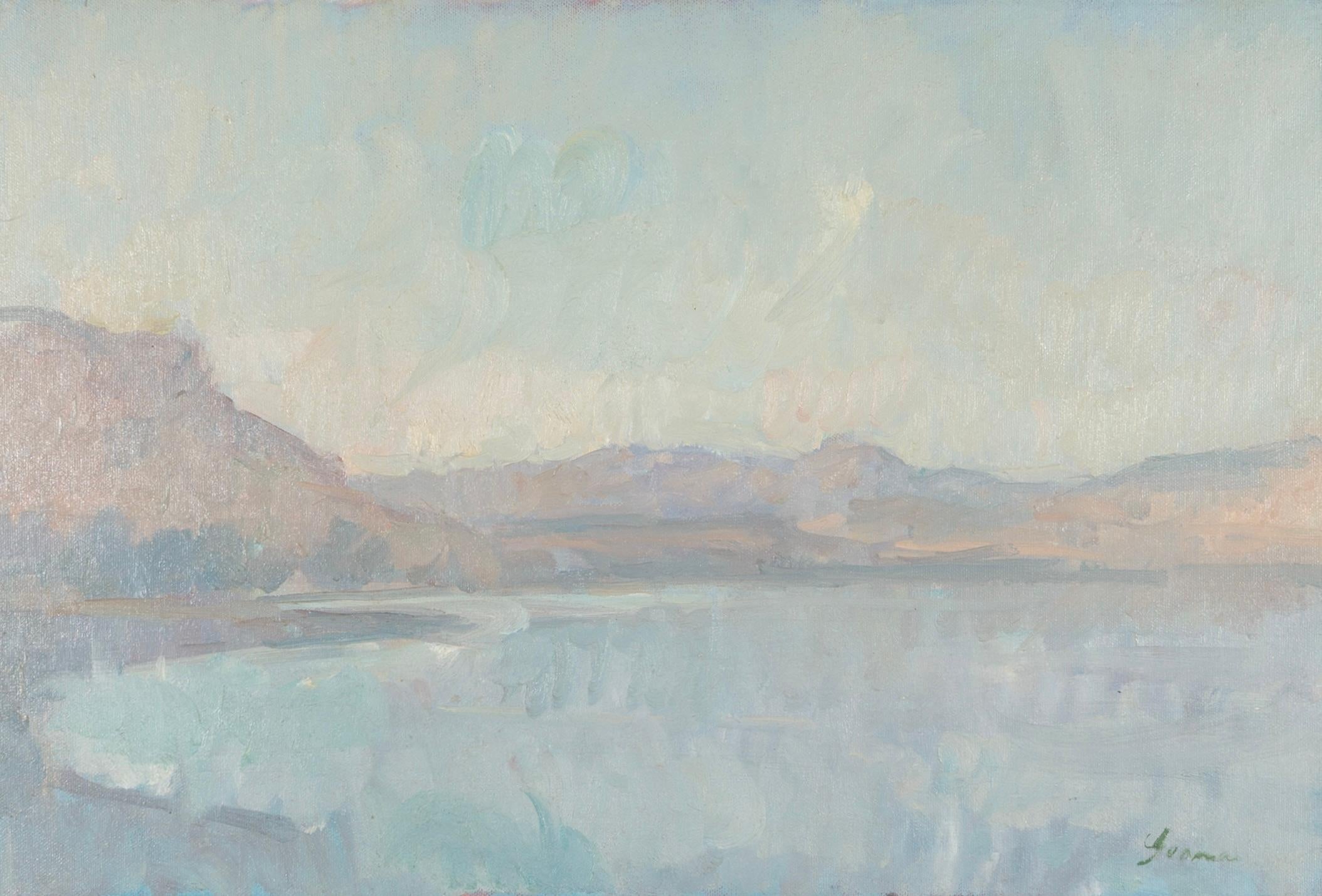 Galilee - Contemporary Neutral Coloured Landscape Oil Painting, Blue + Grey