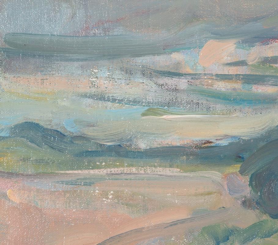 Mirando a través de la llanura de Salisbury. Mediados del Verano, 2024 - Paisaje Pintura al Óleo - Landscape Painting Gris de Martin Yeoman