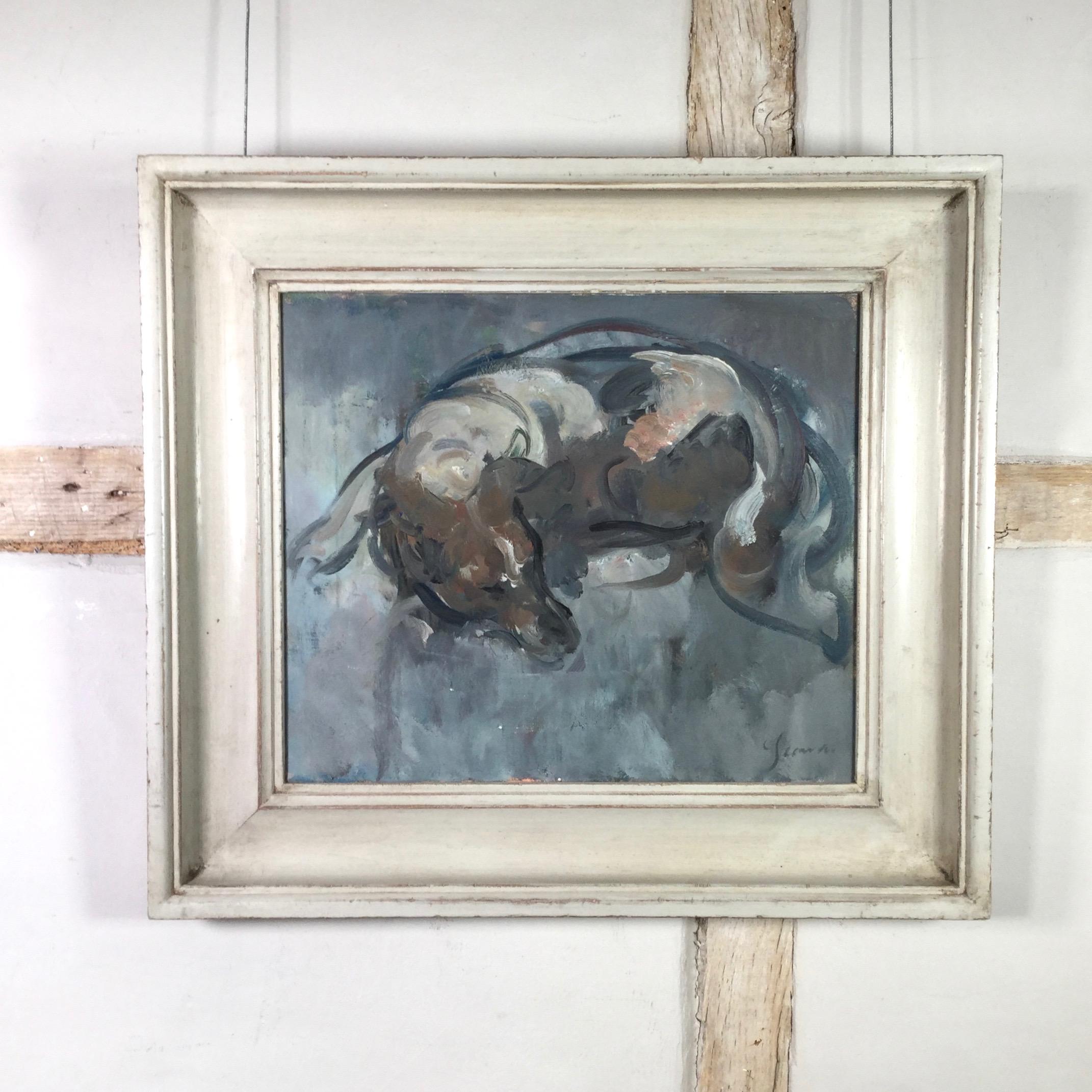 Monty (The Dog) - Interior oil painting, Jack Russell dog on a sofa - Painting by Martin Yeoman