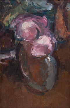 Roses in a Perfume Bottle - still life oil painting, floral, contemporary, pink
