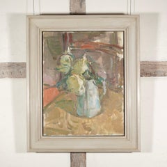 Rosas en una jarra blanca, 2024 - Pintura al óleo de bodegón interior con flores