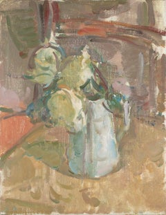 Roses dans une cruche blanche, 2024 - Nature morte à l'huile d'intérieur avec fleurs
