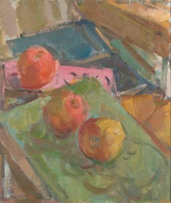 Stillleben, Äpfel und Bücher, Gemälde von Martin Yeoman, 2023