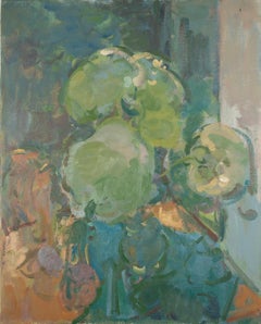 Natura morta sul sedile di una finestra, 2024 - Pittura ad olio contemporanea con fiori e verde
