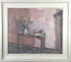 Studio Still Life - interior oil painting with pink and red, contemporary art, 