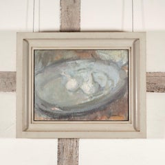 Two Garlic on French Plate, Framed Oil Painting for Sale, Still life Artwork