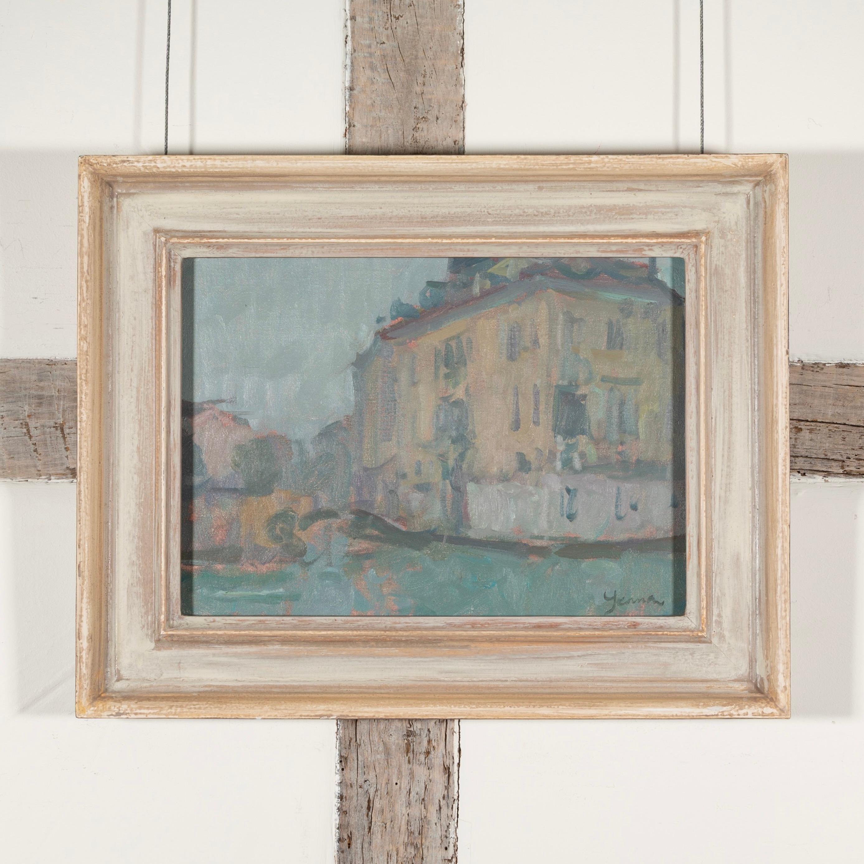 Scène vénitienne I - Paysage urbain contemporain de Venise avec des bâtiments, bleu et vert - Painting de Martin Yeoman