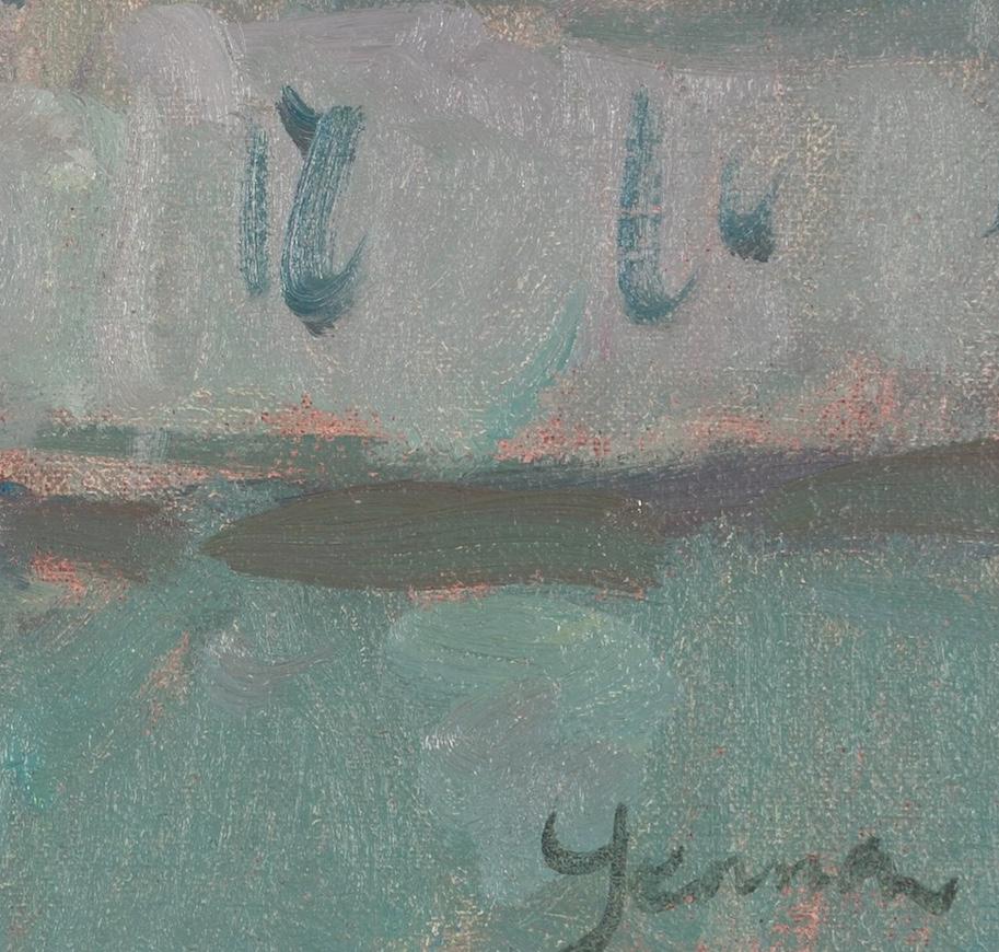 Scène vénitienne I - Paysage urbain contemporain de Venise avec des bâtiments, bleu et vert - Gris Figurative Painting par Martin Yeoman