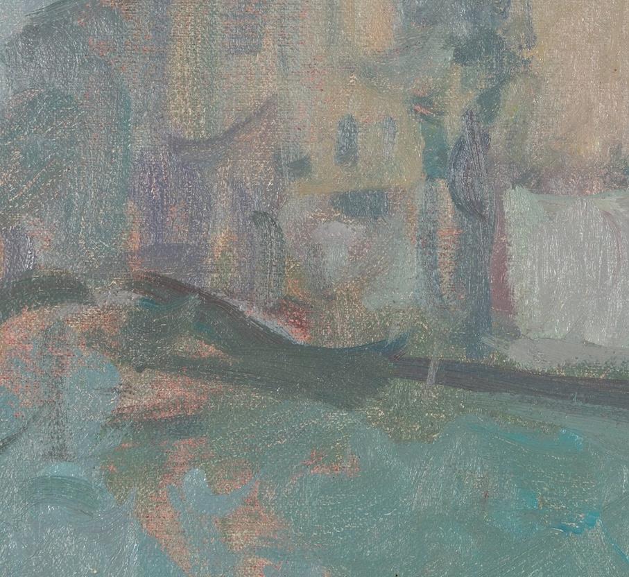 Scène vénitienne I - Paysage urbain contemporain de Venise avec des bâtiments, bleu et vert en vente 4