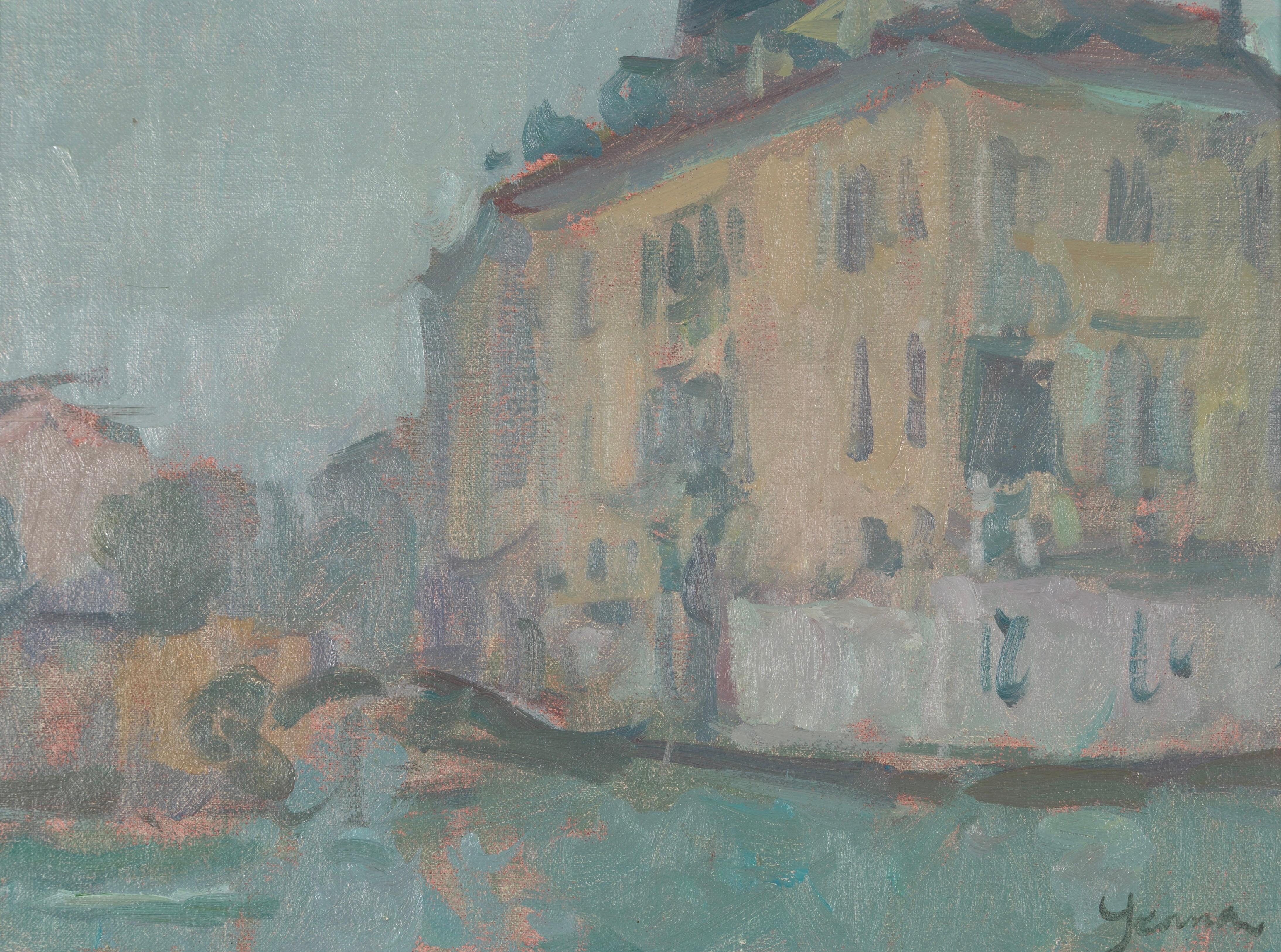 Figurative Painting Martin Yeoman - Scène vénitienne I - Paysage urbain contemporain de Venise avec des bâtiments, bleu et vert