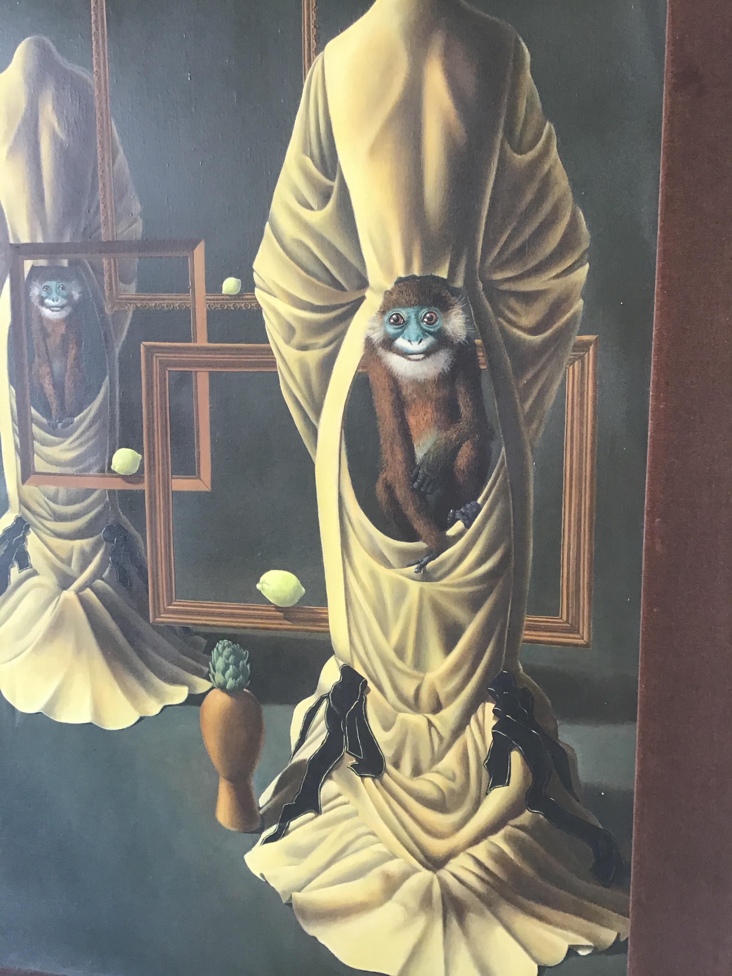 Late 20th Century Martin Zerolo Surrealist Oil on Canvas of Monkeys