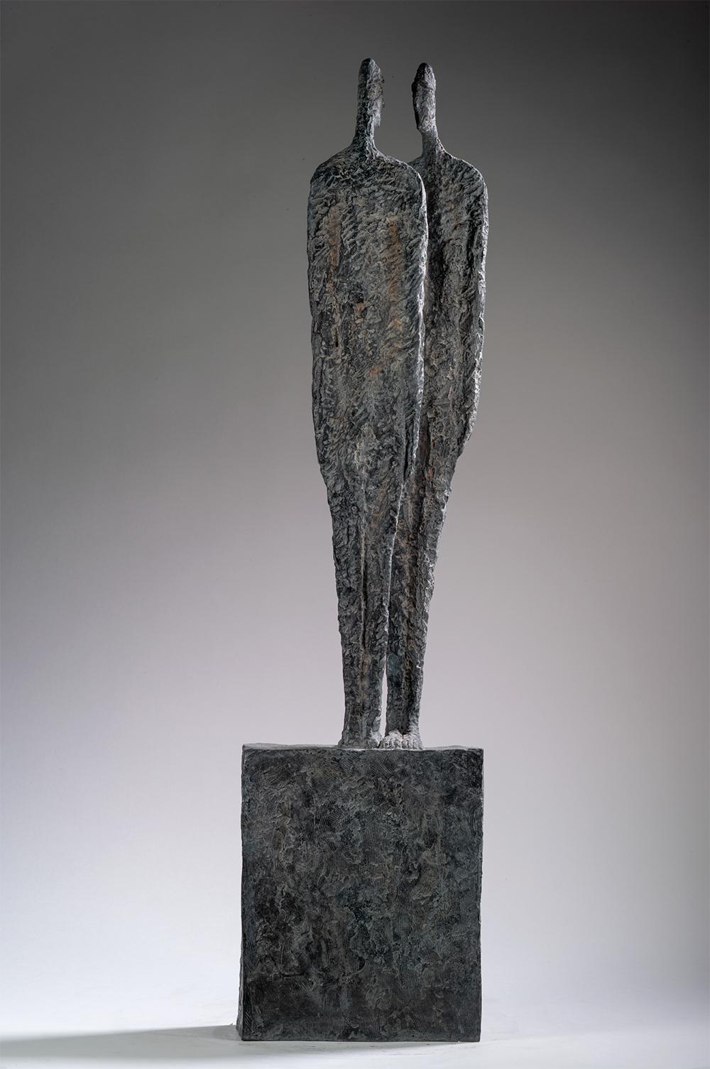 This work is a bronze sculpture, by French sculptor Martine Demal. Dimensions are 87 cm × 21 cm × 10 cm (34.3 × 8.3 × 3.9 in). Dimensions include the dimensions of the base which are 25 x 21 x 10 cm (9.8 x 8.3 x 4 in). 
This work is part of a