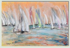 Race auf orangefarbenem Hintergrund – Gemälde  Martine Goeyens – 2020er-Jahre