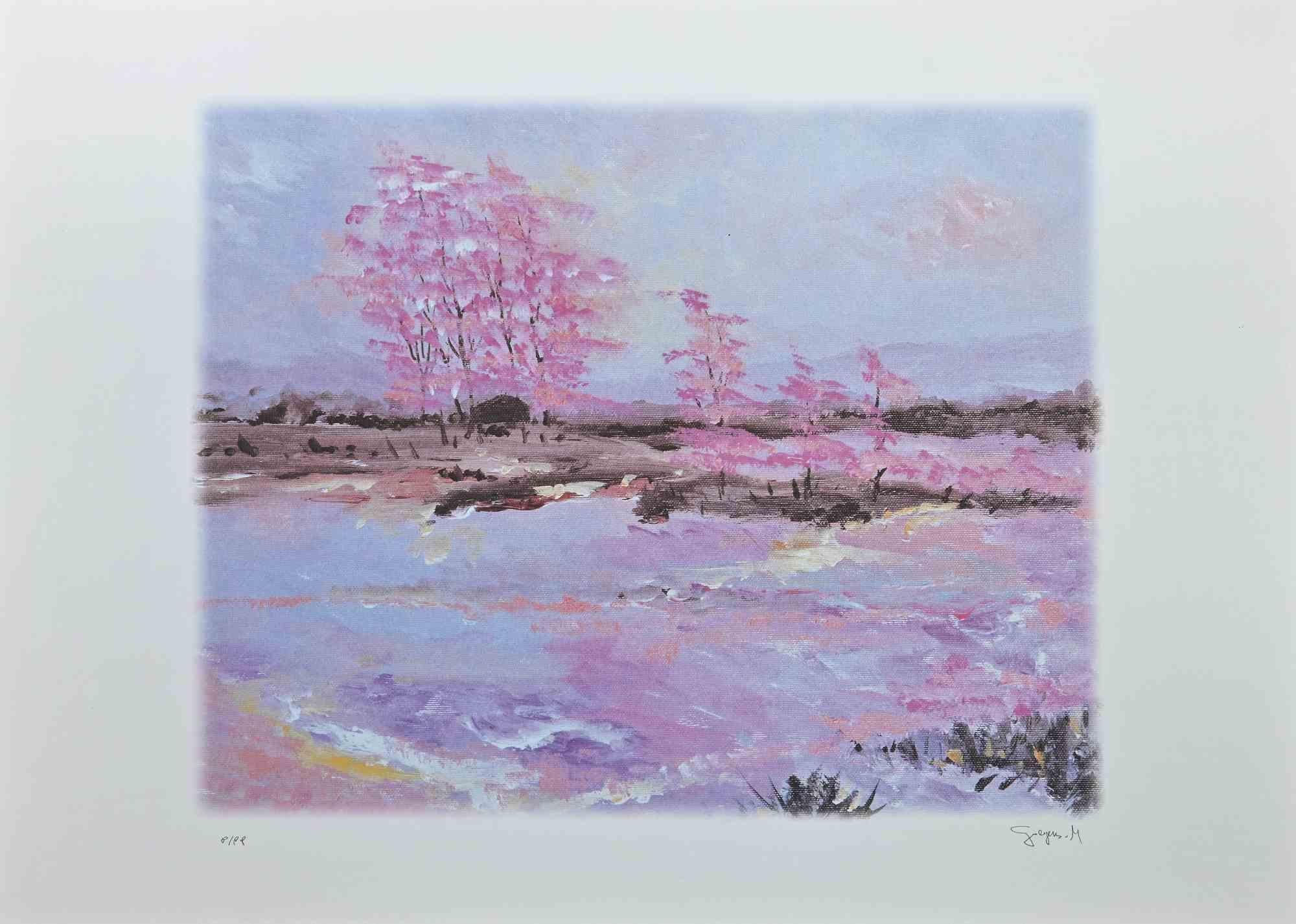 Pink Blossoms - Original Lithograph by Martine Goeyens - 2000s