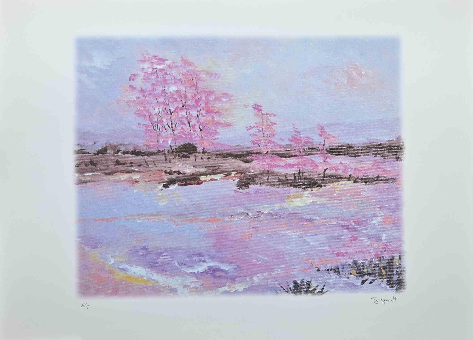 Pink blossoms is an original colored lithography artwork realized by the Belgian artist Martine Goeyens in the years 2000s.

On the back, the label of the certificate of authenticity by the "Fondazione Di Paolo".

Hand-signed on the lower right in