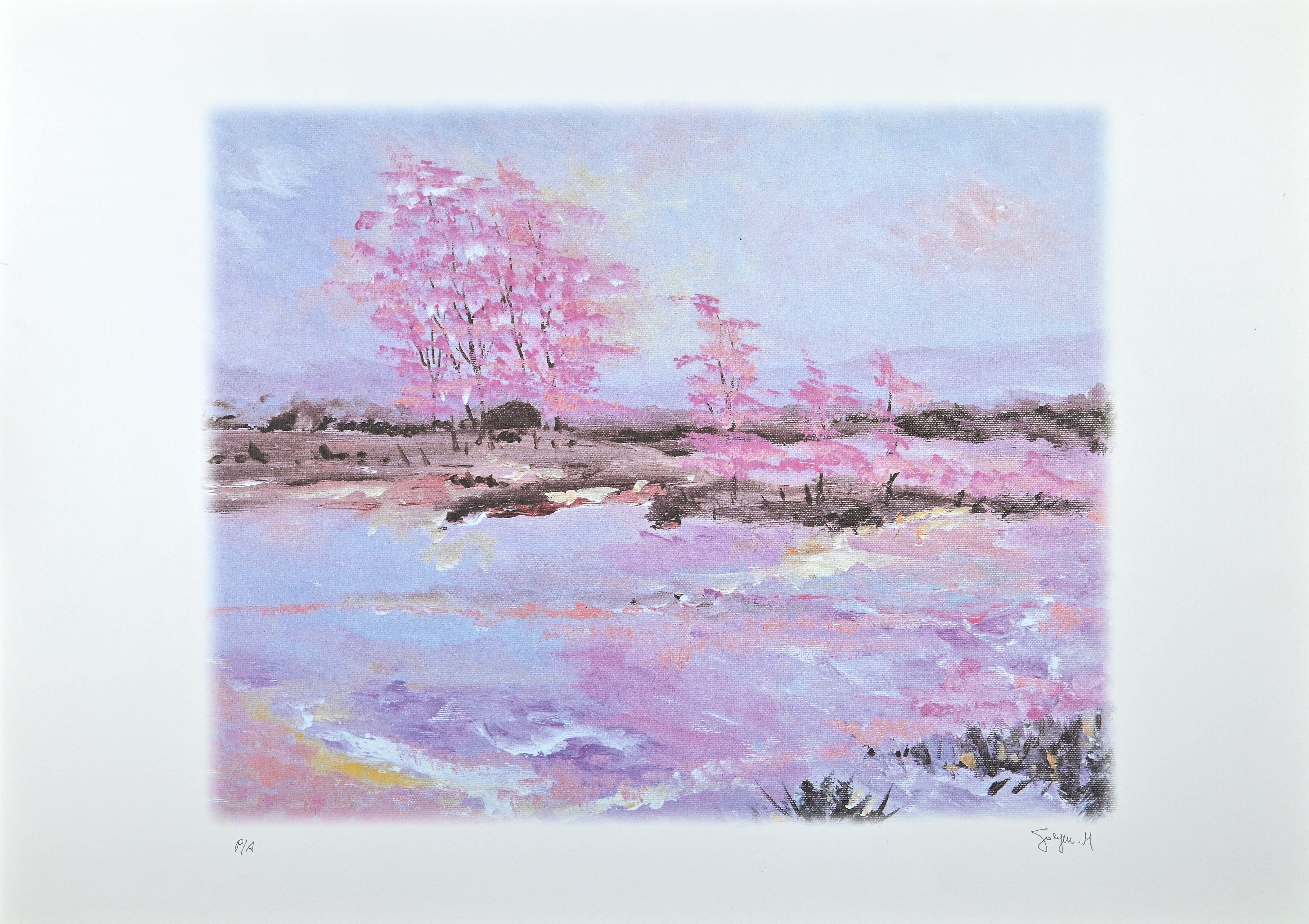 Pink blossoms is an original colored lithograph realized by the Belgian artist  Martine Goeyens.

On the back, the label of the certificate of authenticity by the "Fondazione Di Paolo".

Hand-signed on the lower right in pencil.

Artist's