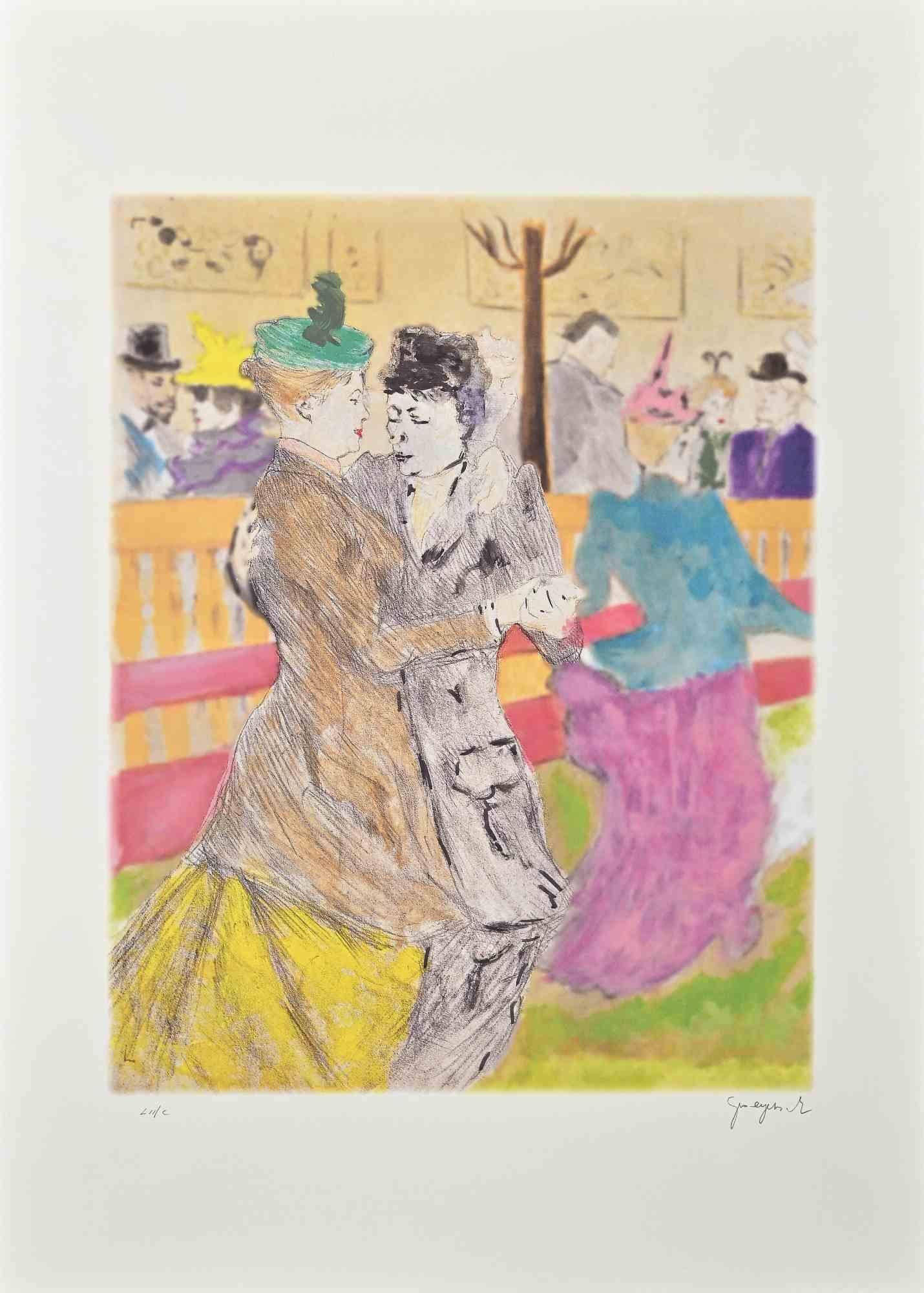 The Dance is an original colored lithograph print, hand retouched realized by the Belgian artist Martine Goeyens.

On the back, the label of the certificate of authenticity by the "Fondazione Di Paolo".

Hand-signed on the lower right in